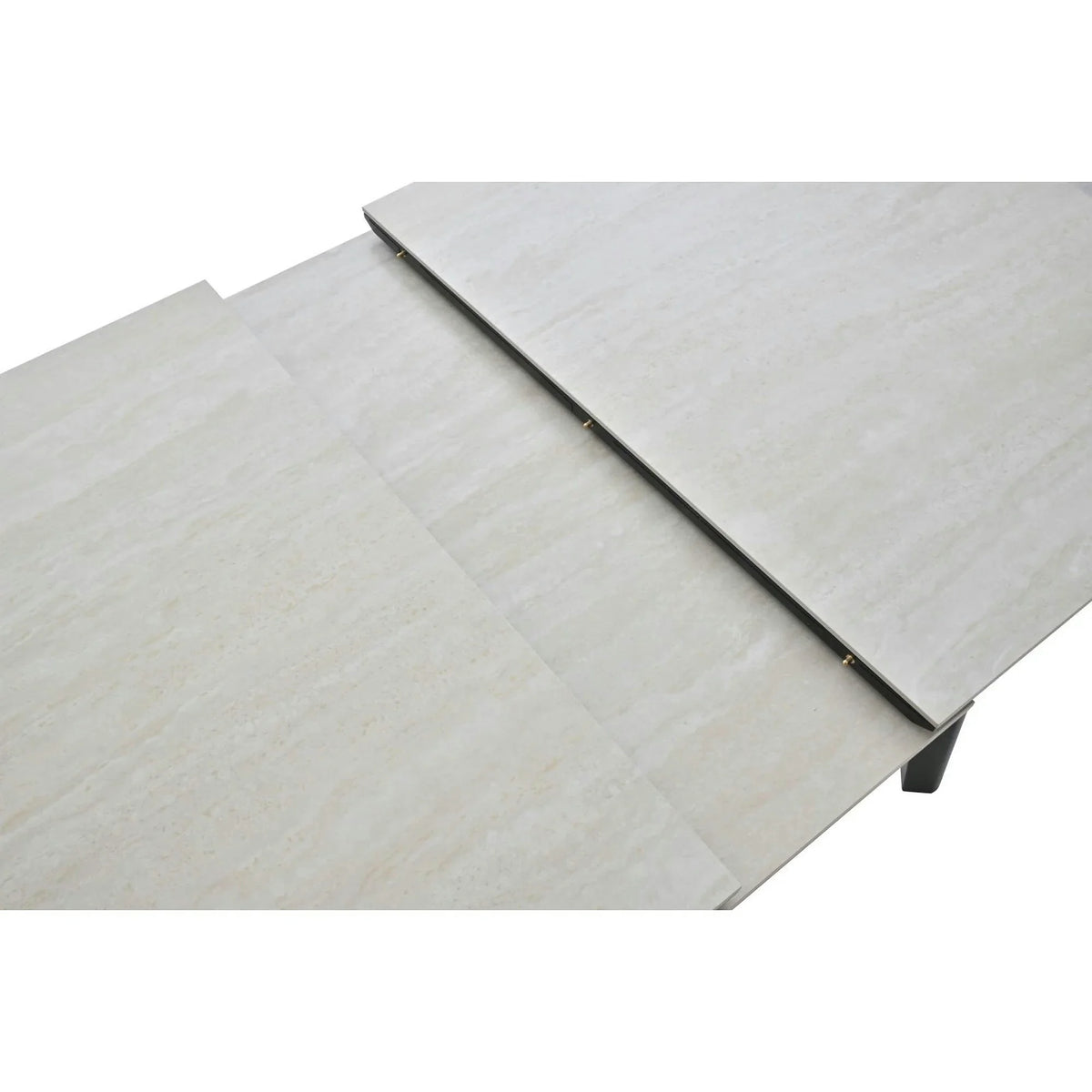 Masa extensibila ARES, bej cu efect de piatra travertin/negru, ceramica/metal, 120/150x85x76 cm