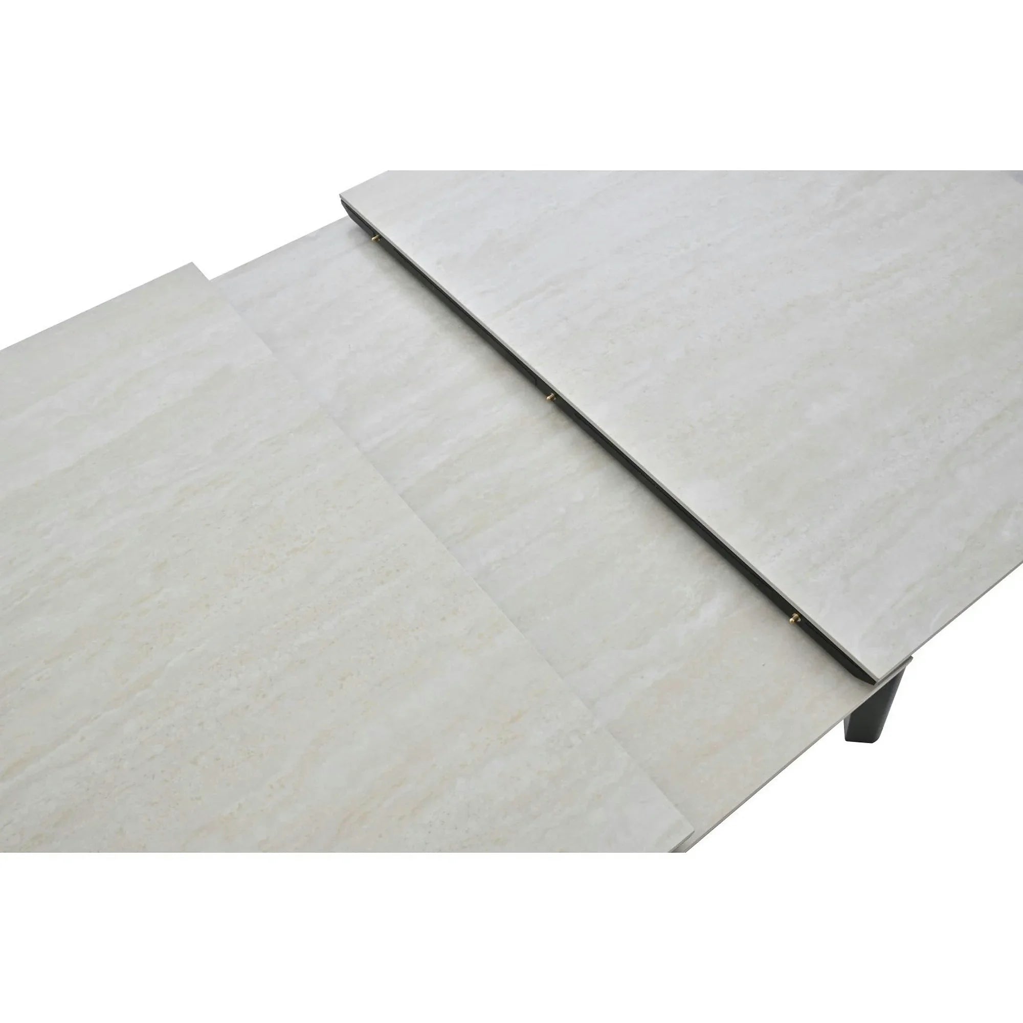 Masa extensibila ARES, bej cu efect de piatra travertin/negru, ceramica/metal, 120/150x85x76 cm