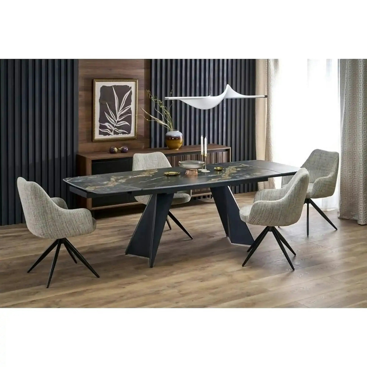 Masa extensibila ARMANI, negru cu efect de marmura/negru, piatra sinterizata/otel, 165-241x90x77 cm