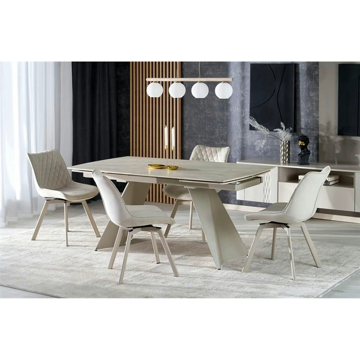 Masa extensibila ARMANI, travertin cu efect de marmura/casmir, piatra sinterizata/otel, 165-241x90x77 cm