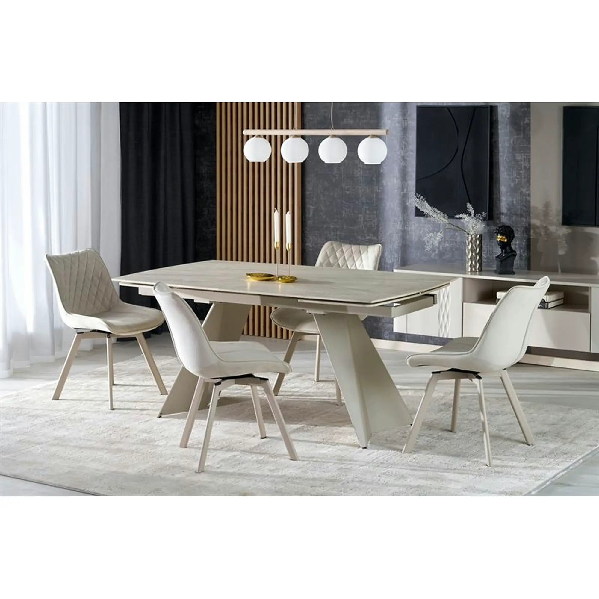 Masa extensibila ARMANI, travertin cu efect de marmura/casmir, piatra sinterizata/otel, 165-241x90x77 cm