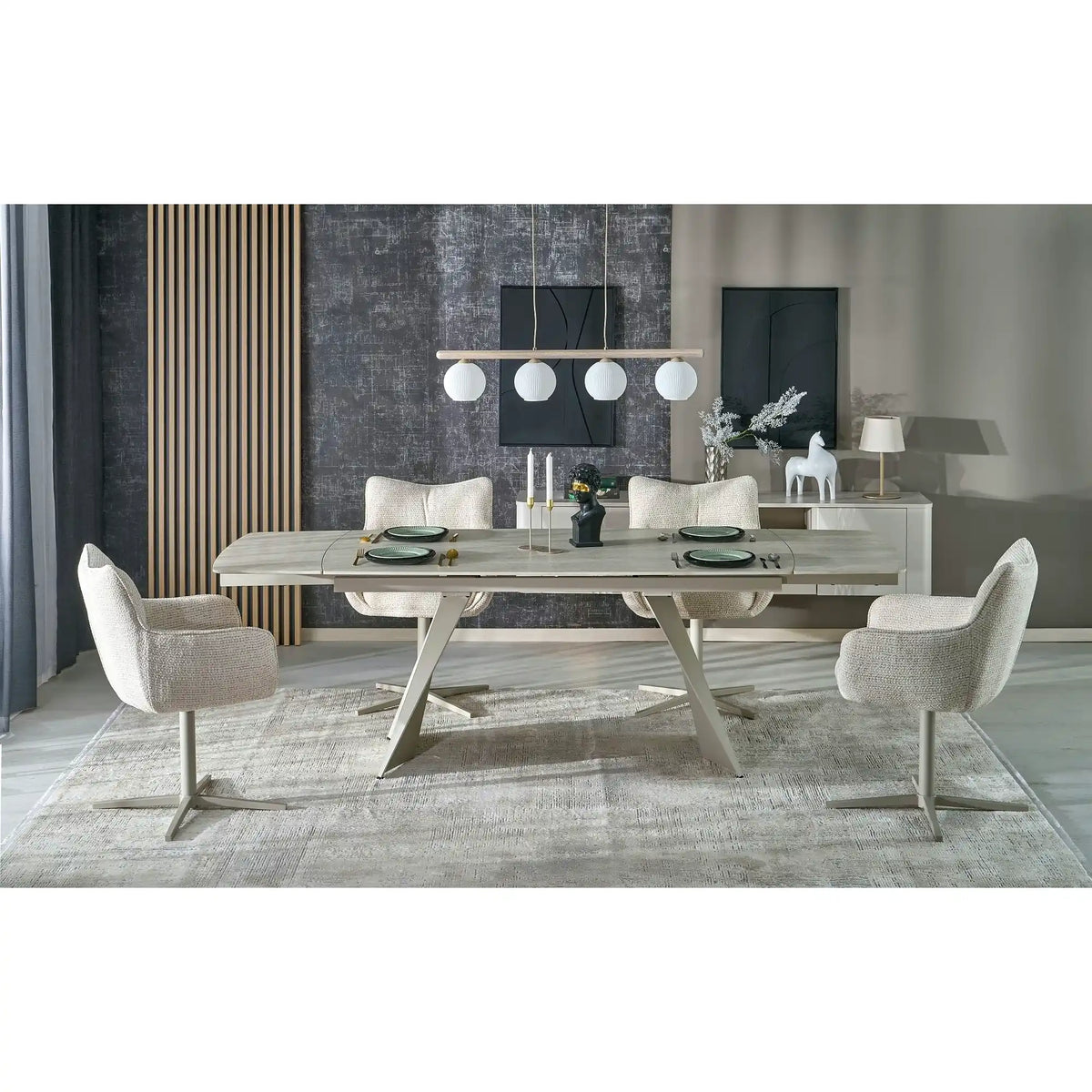 Masa extensibila ARMANI, travertin cu efect de marmura/casmir, piatra sinterizata/otel, 165-241x90x77 cm