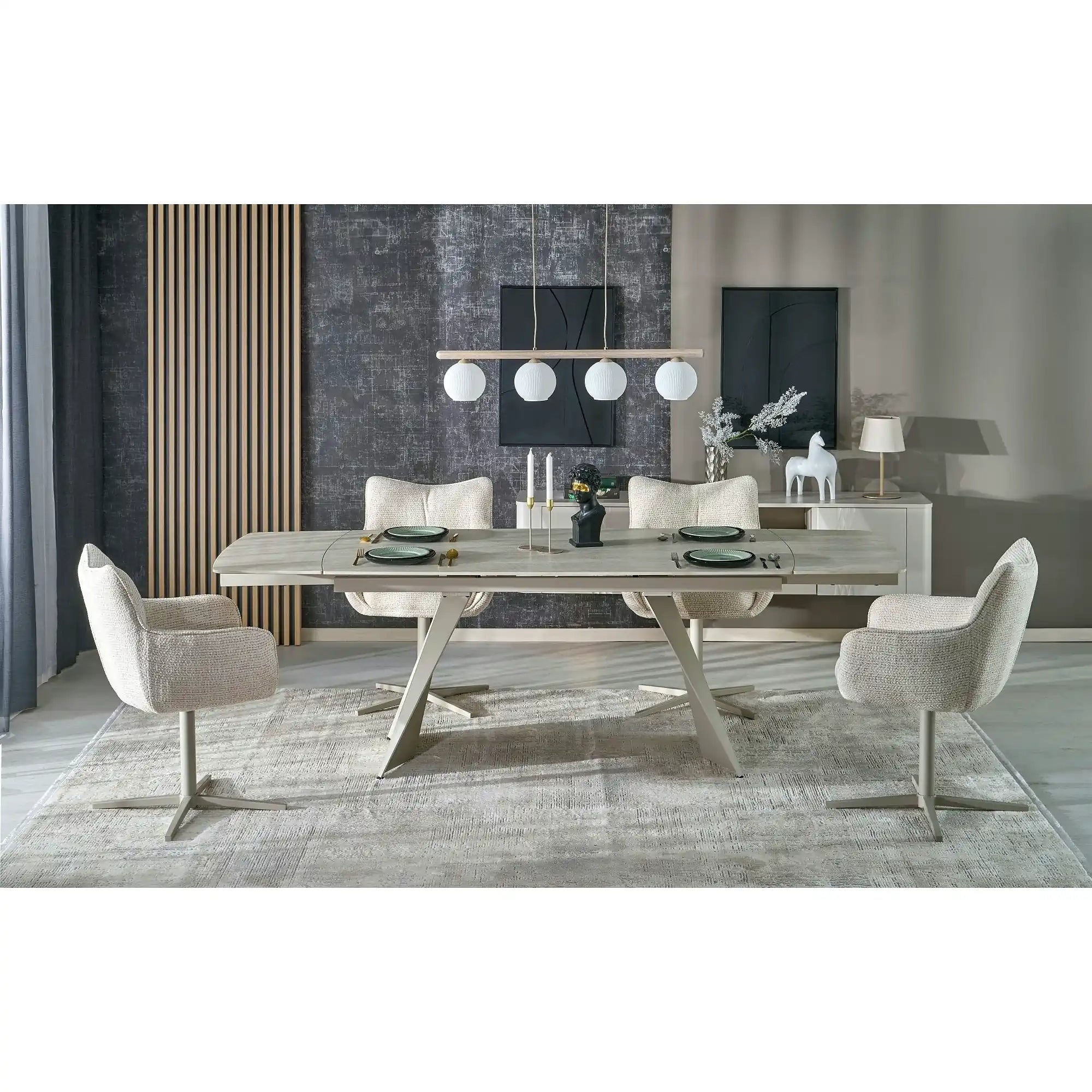 Masa extensibila ARMANI, travertin cu efect de marmura/casmir, piatra sinterizata/otel, 165-241x90x77 cm