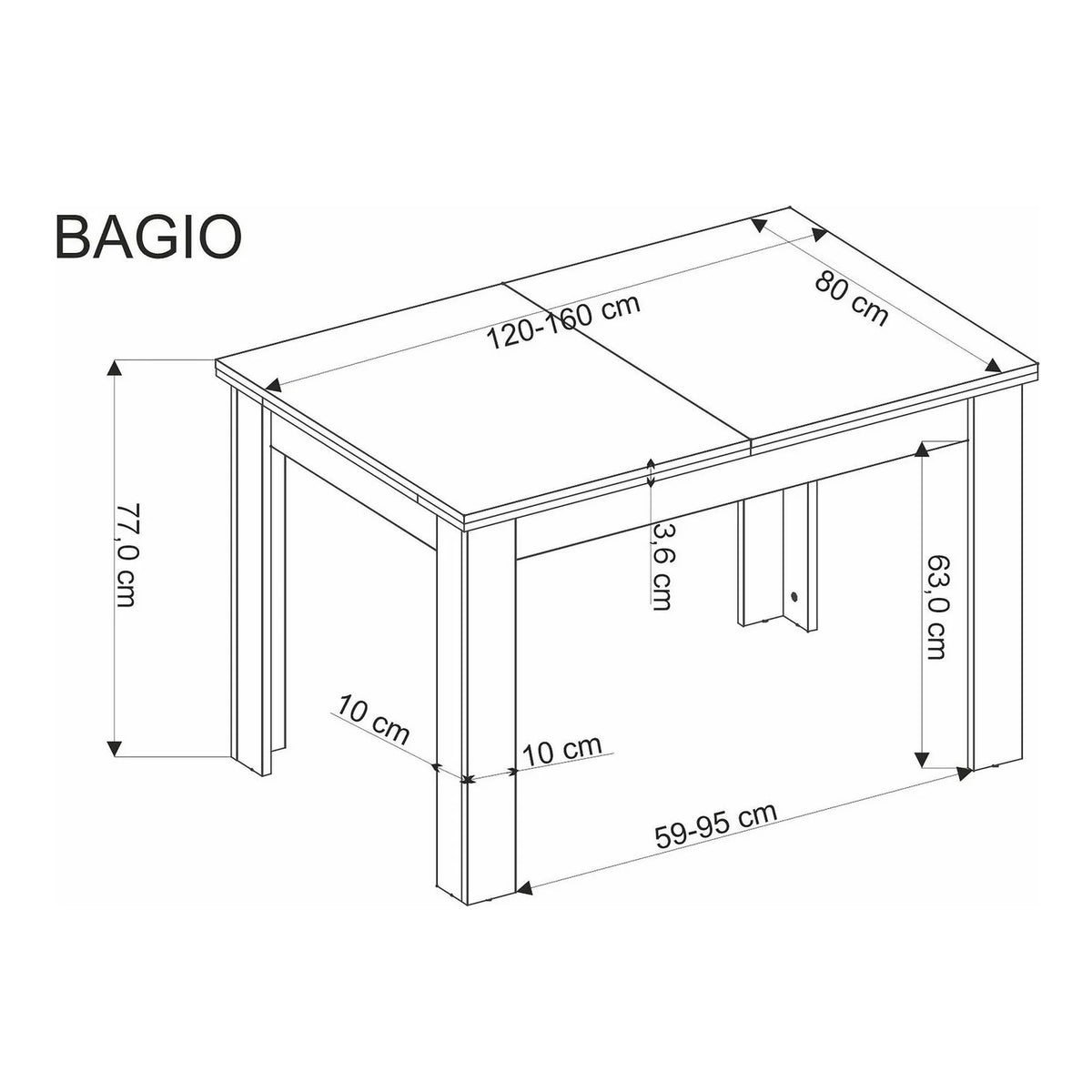 Masa extensibila BAGIO, stejar/negru, PAL laminat, 120/160x80x77 cm