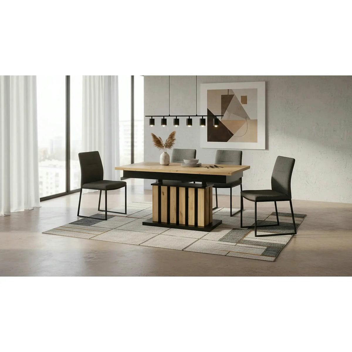 Masa extensibila BARETTI, stejar artisan/negru, PAL furniruit, 130/170x65x65/82 cm