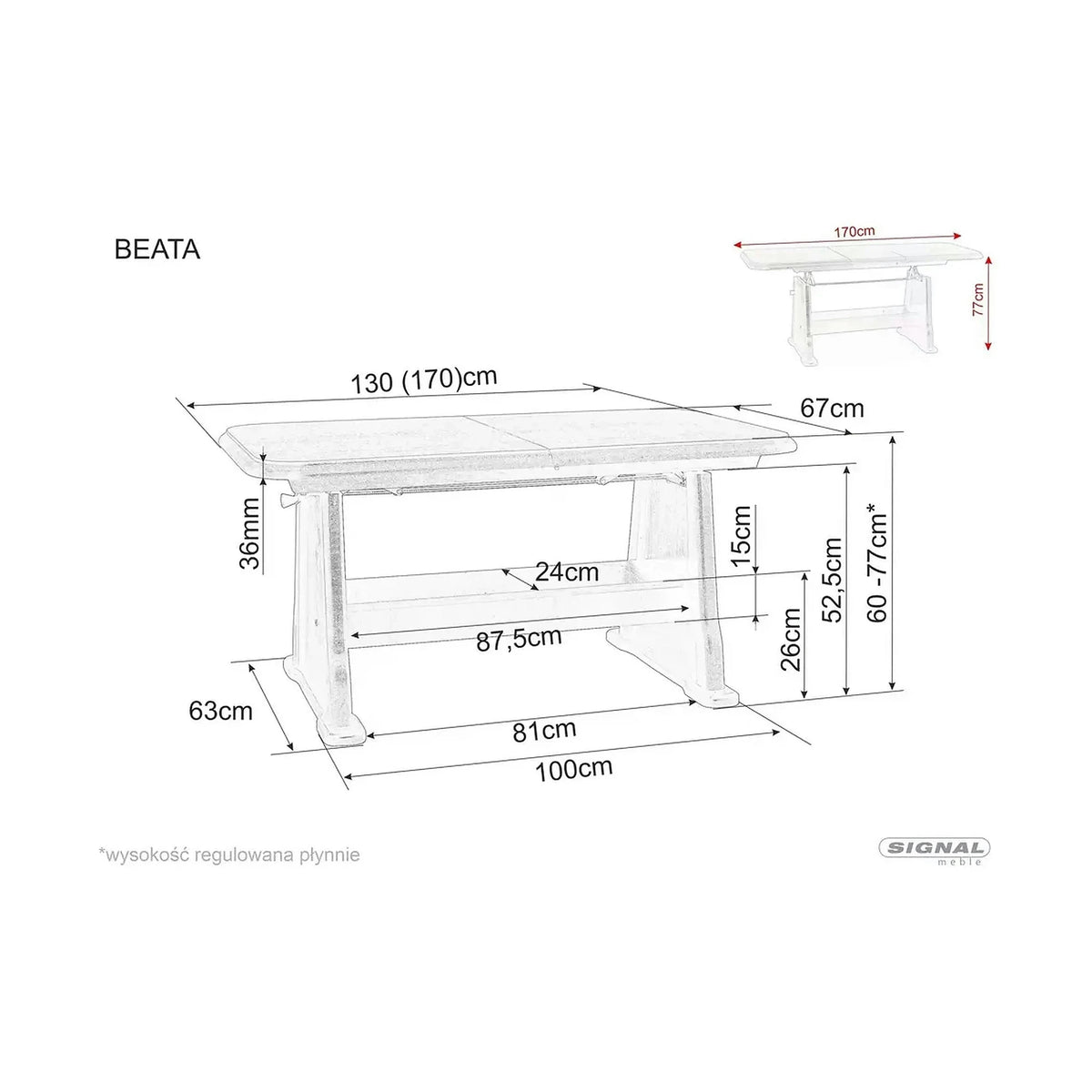 Masa extensibila BEATA, castan, PAL/lemn, 130/170x67x60/77 cm