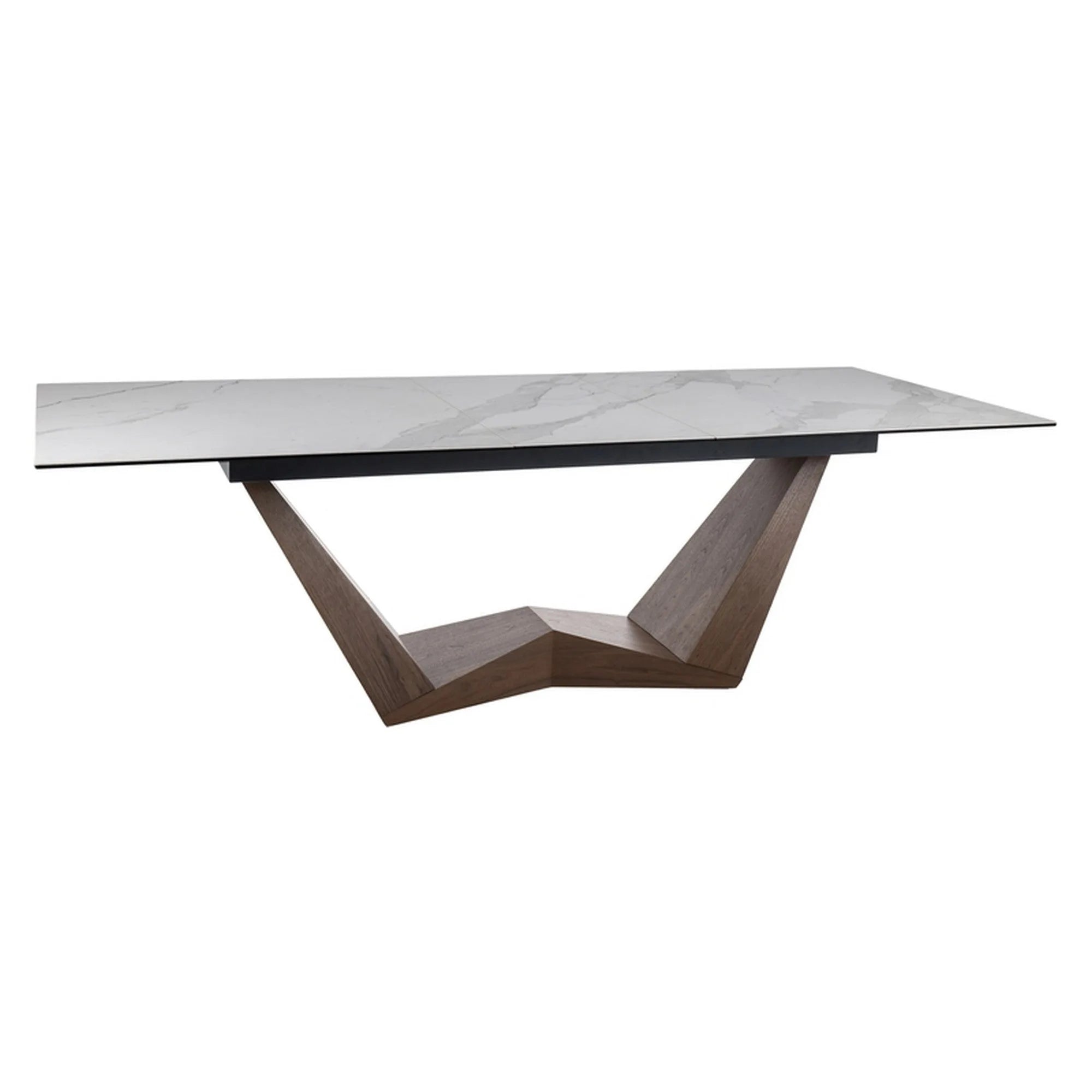 Masa extensibila BONUCCI, alb cu efect de marmura/nuc, sticla/ceramica/furnir, 200/250x98x76 cm