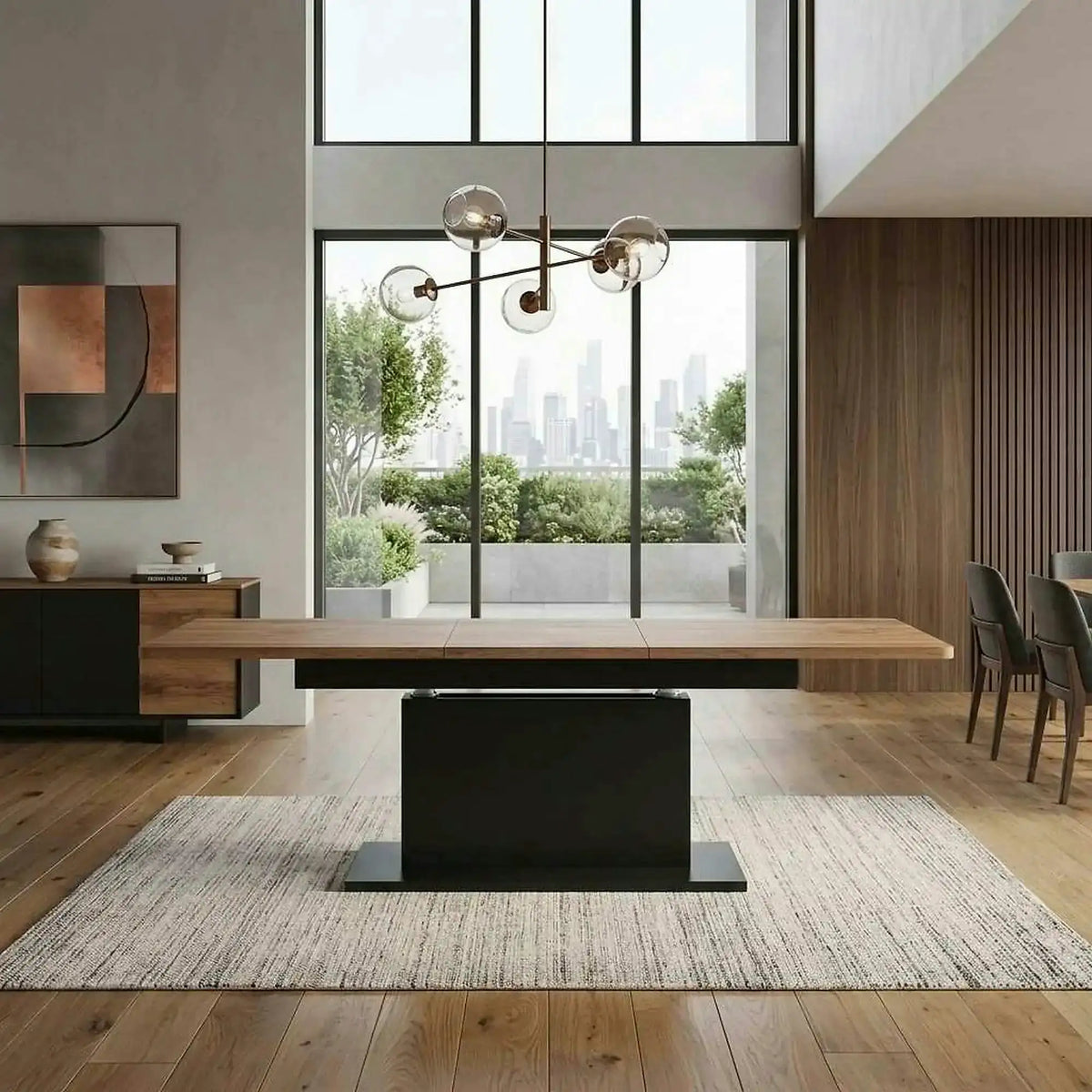 Masa extensibila BUSETTI, wotan/negru mat, PAL, 126/167x70x56/74 cm