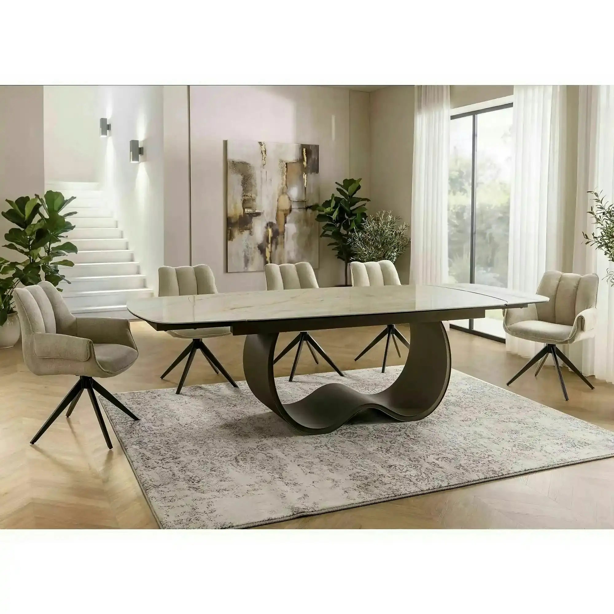 Masă extensibilă CASABLANCA, bej/cupru, sticlă securizată/ceramică/metal, 198–274x98x76 cm