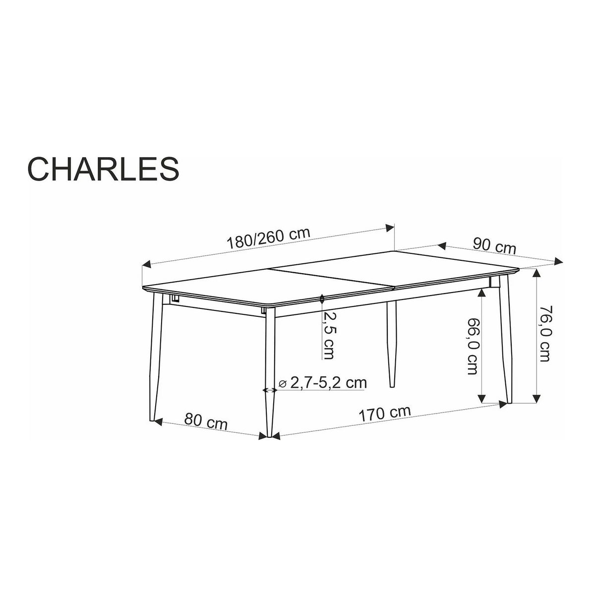 Masa extensibila CHARLES, gri/negru, 180/260x90x76 cm