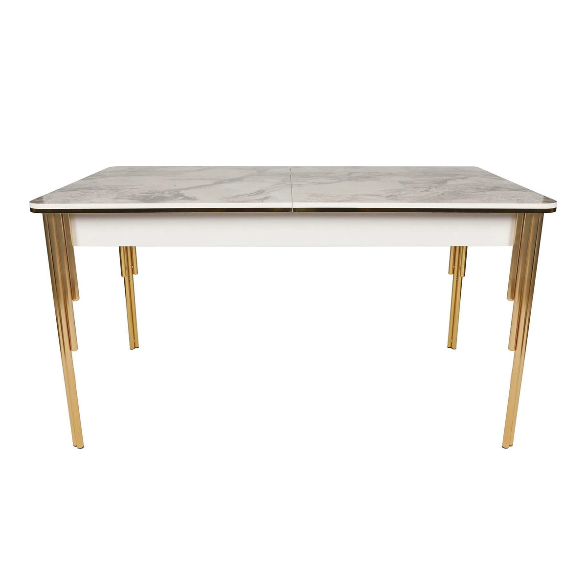 Masa extensibila DAMLA 1102, alb cu efect de marmura/auriu, PAL melaminat/metal, 144/178x90x78 cm