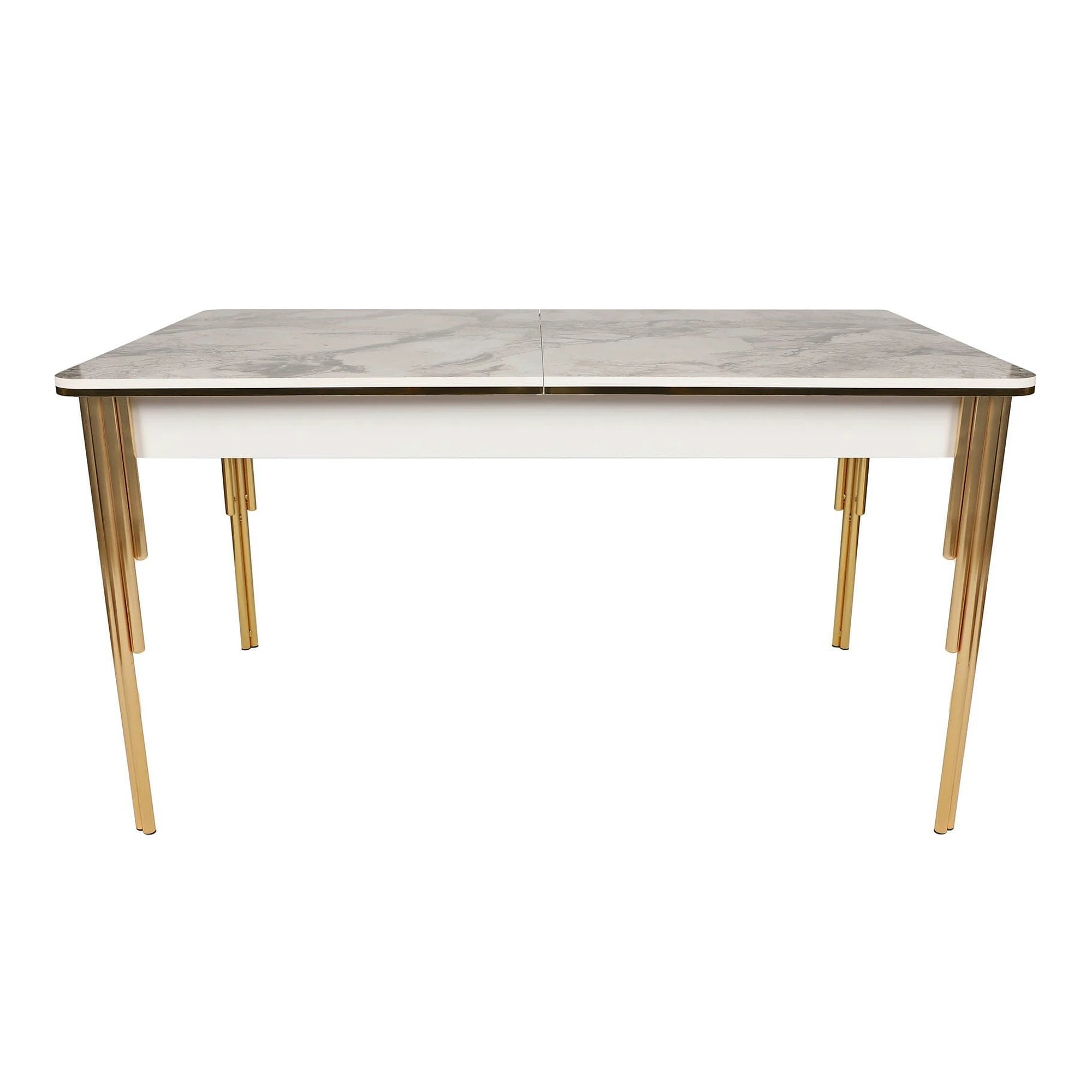 Masa extensibila DAMLA 1102, alb cu efect de marmura/auriu, PAL melaminat/metal, 144/178x90x78 cm