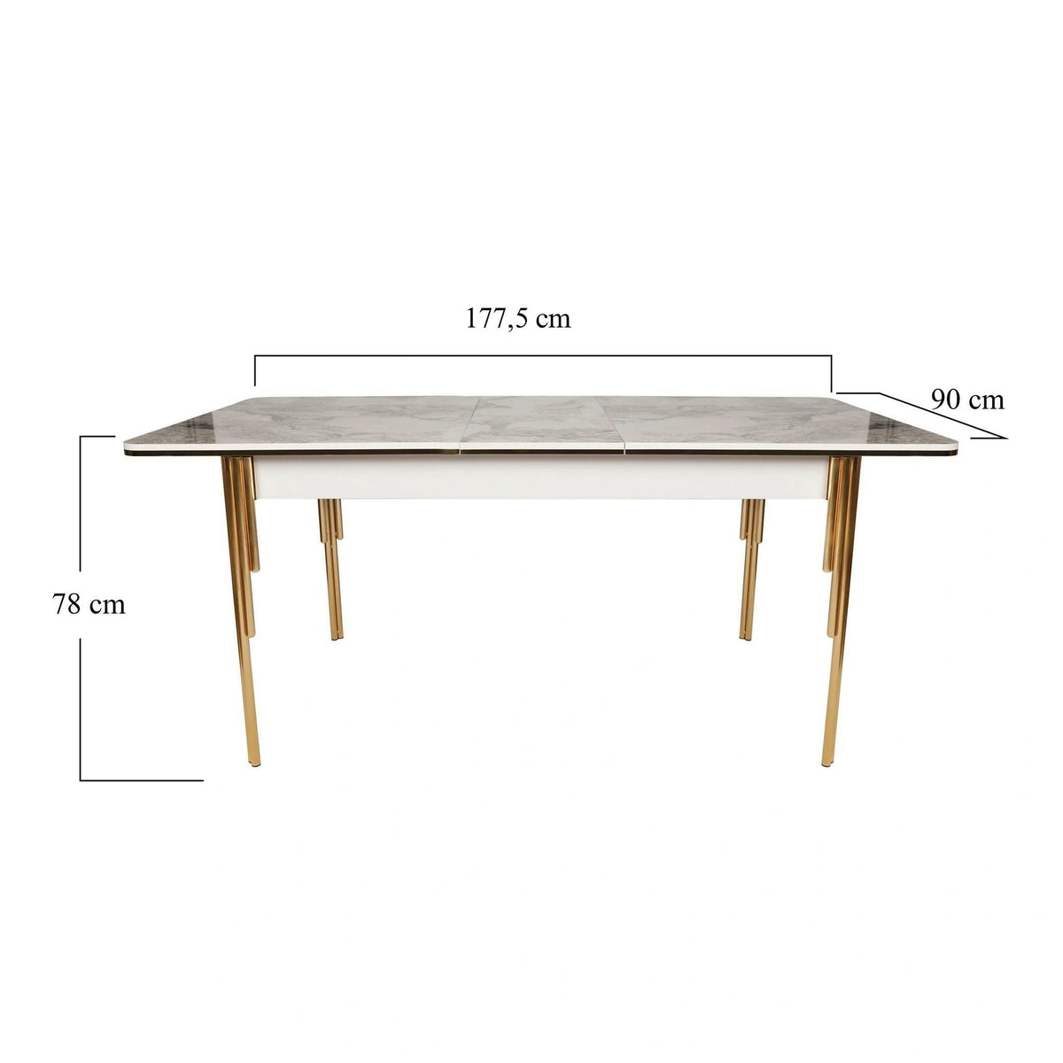 Masa extensibila DAMLA 1102, alb cu efect de marmura/auriu, PAL melaminat/metal, 144/178x90x78 cm
