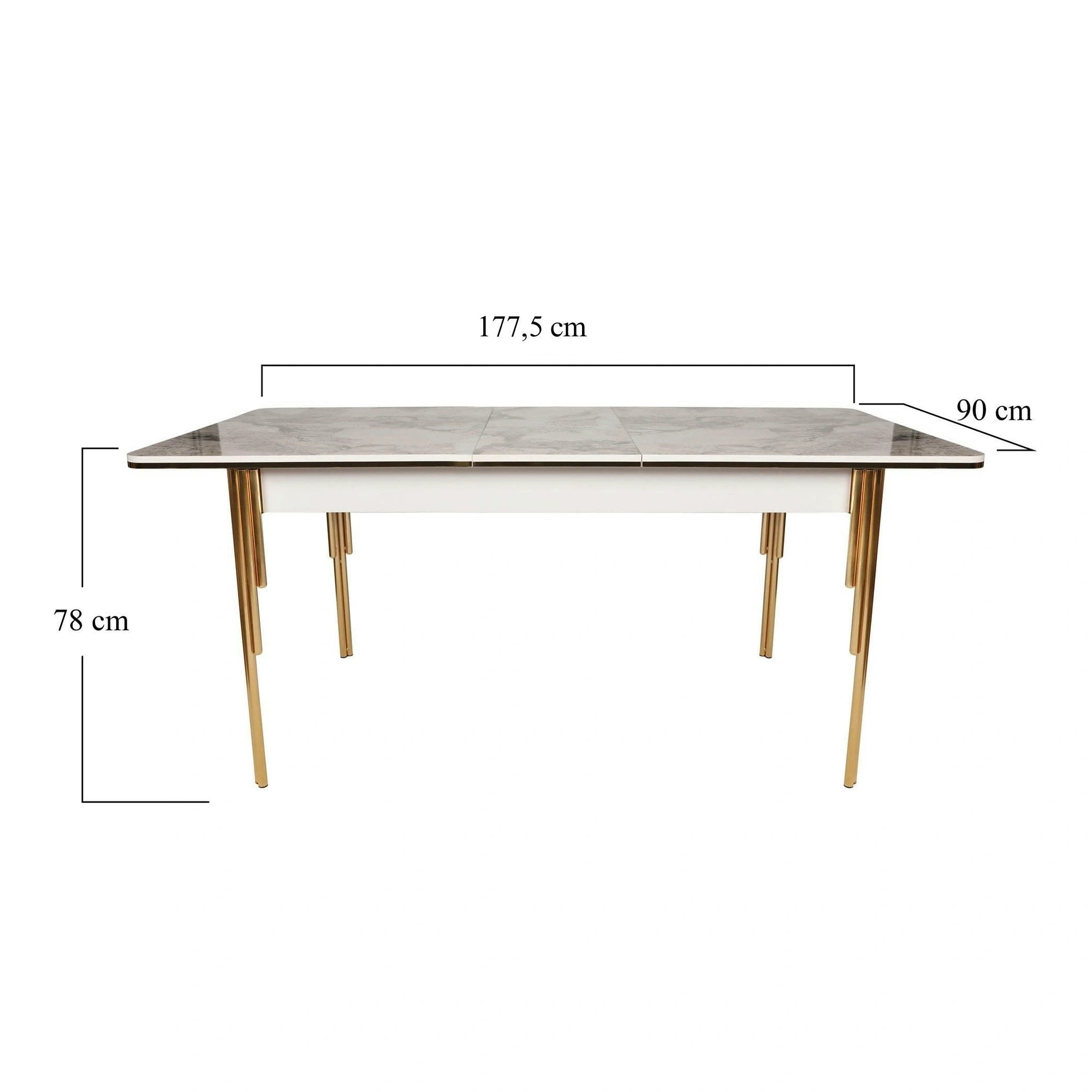 Masa extensibila DAMLA 1102, alb cu efect de marmura/auriu, PAL melaminat/metal, 144/178x90x78 cm