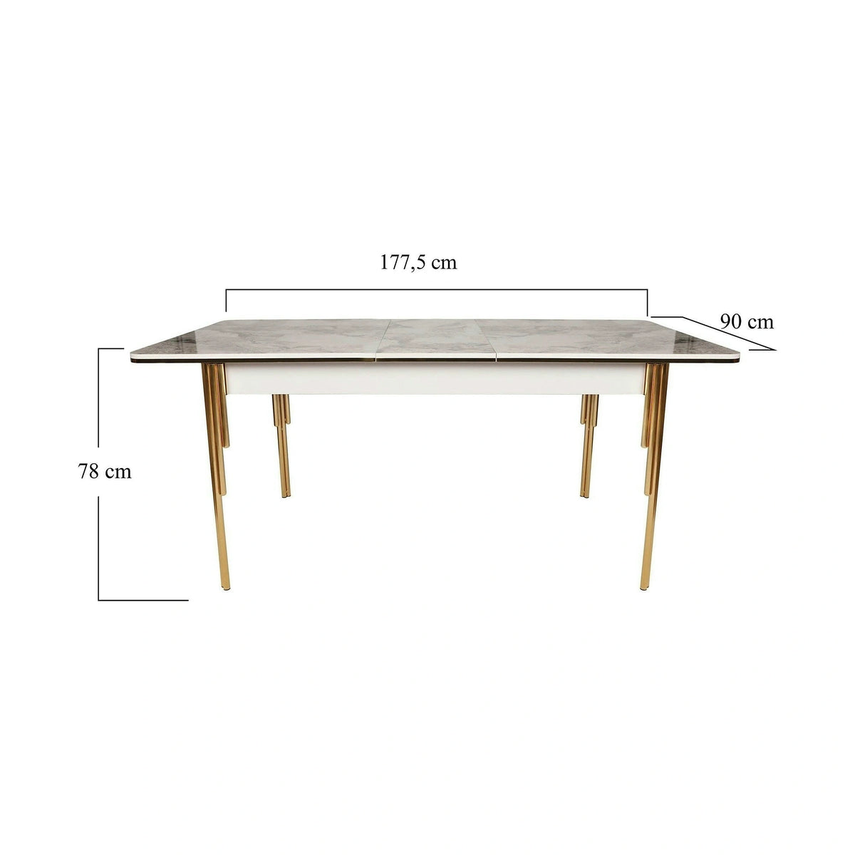 Masa extensibila DAMLA 1102, alb cu efect de marmura/auriu, PAL melaminat/metal, 144/178x90x78 cm