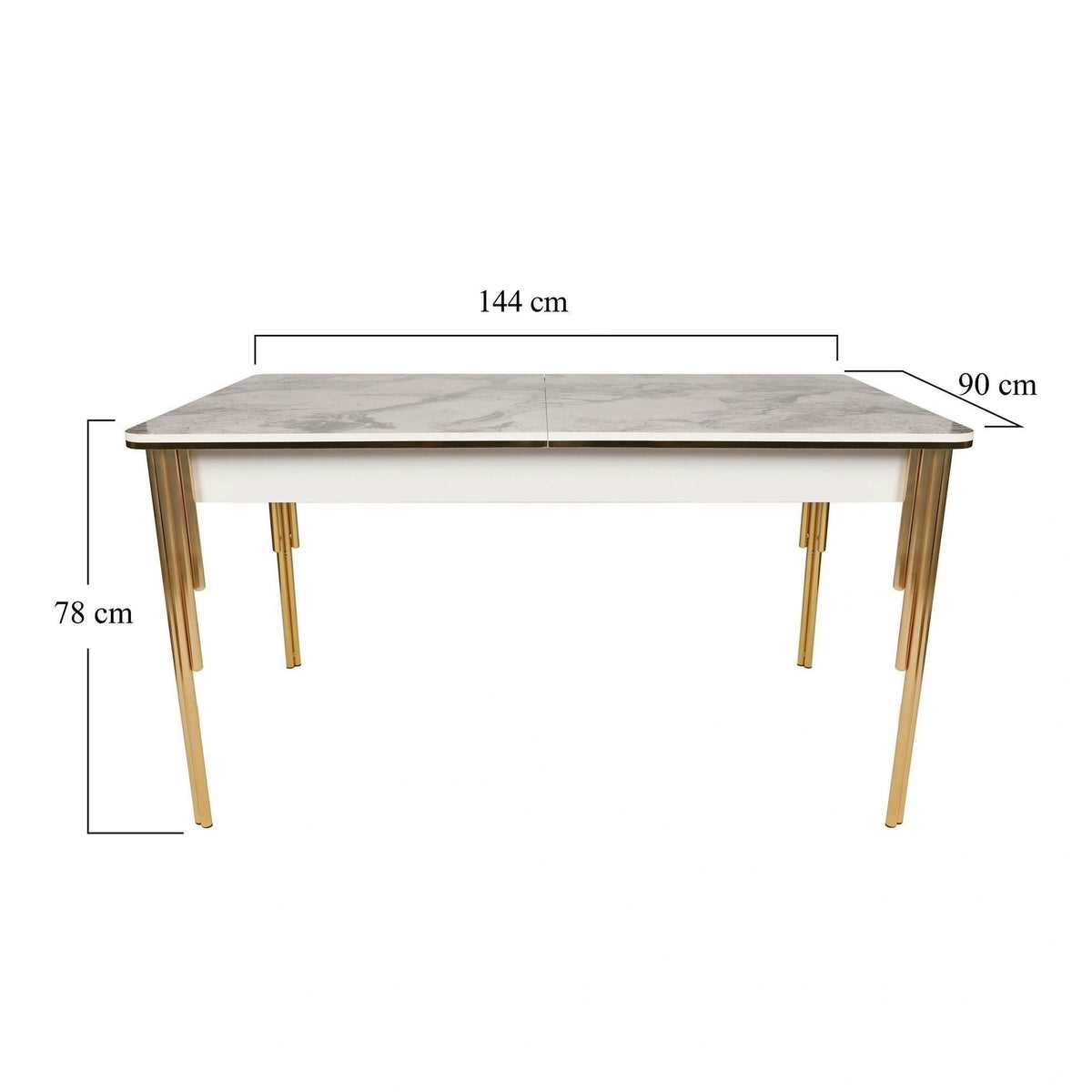 Masa extensibila DAMLA 1102, alb cu efect de marmura/auriu, PAL melaminat/metal, 144/178x90x78 cm