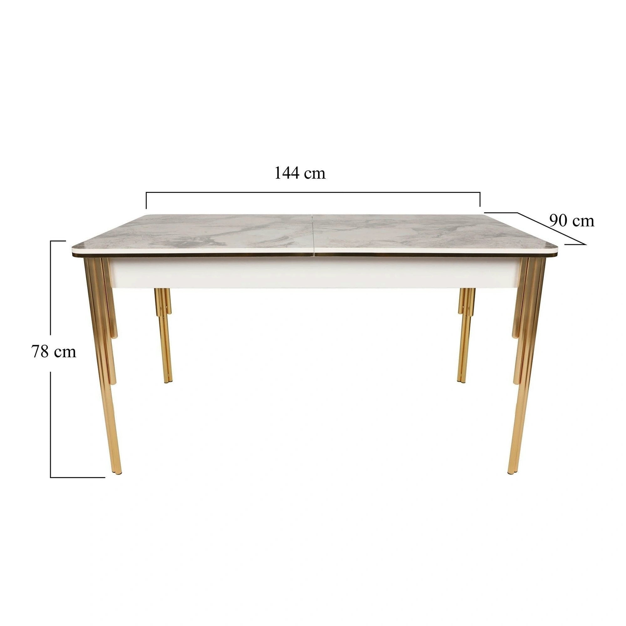 Masa extensibila DAMLA 1102, alb cu efect de marmura/auriu, PAL melaminat/metal, 144/178x90x78 cm