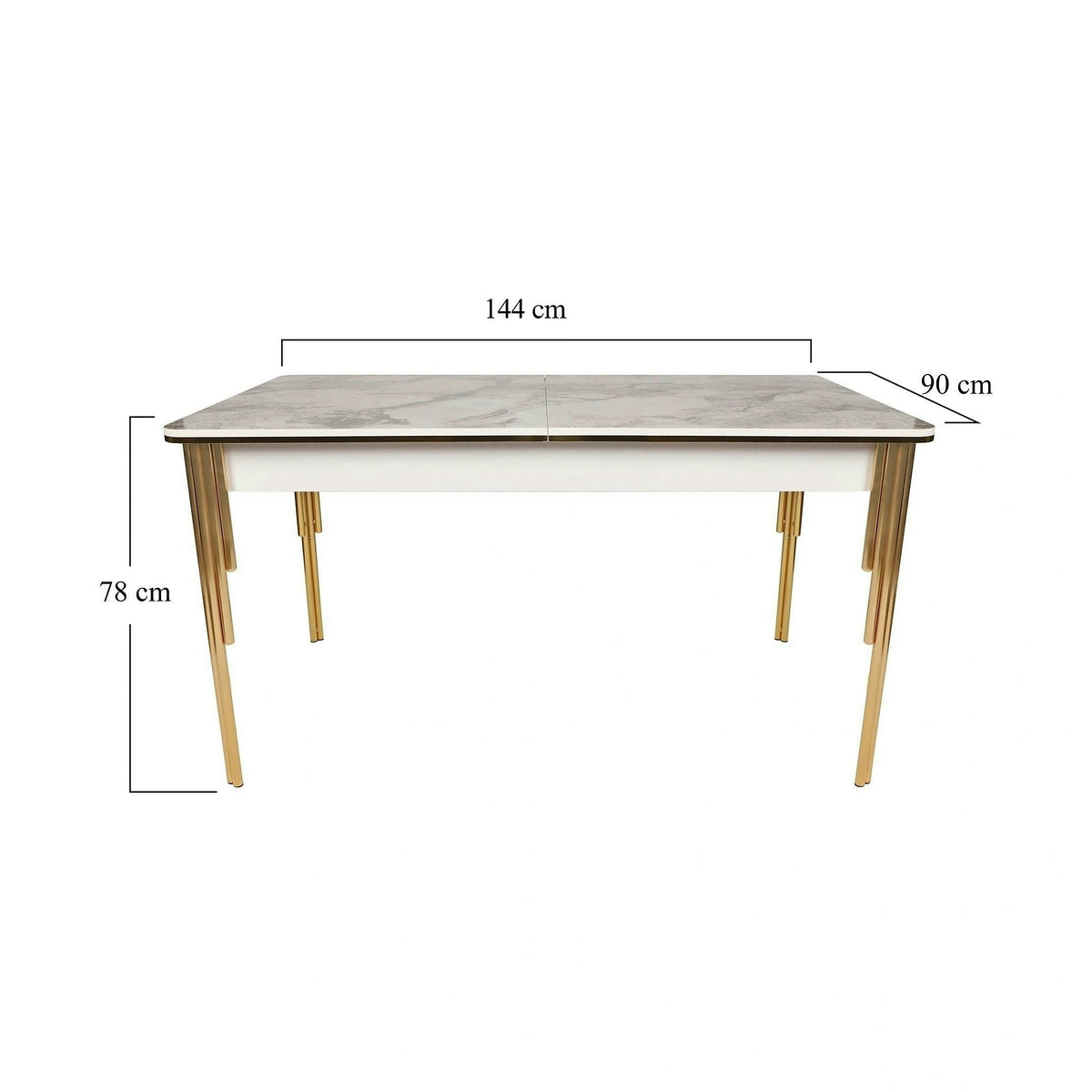 Masa extensibila DAMLA 1102, alb cu efect de marmura/auriu, PAL melaminat/metal, 144/178x90x78 cm