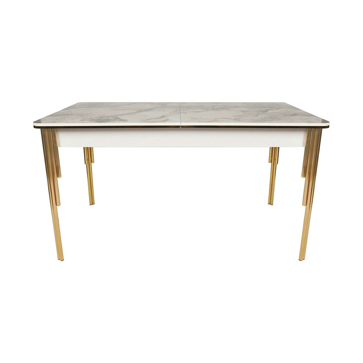 Masa extensibila DAMLA 1102, alb cu efect de marmura/auriu, PAL melaminat/metal, 144/178x90x78 cm