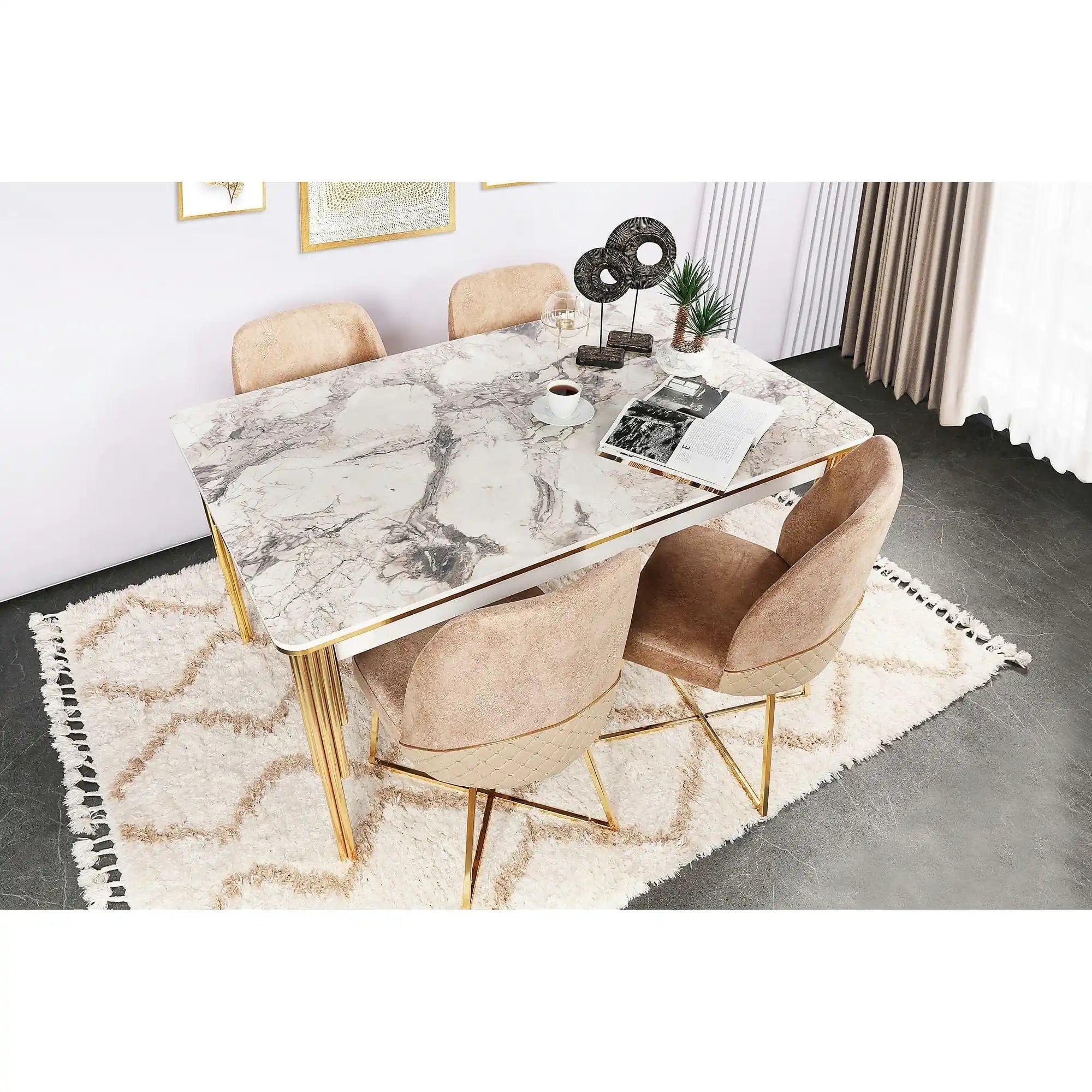Masa extensibila DAMLA 1102, alb cu efect de marmura/auriu, PAL melaminat/metal, 144/178x90x78 cm