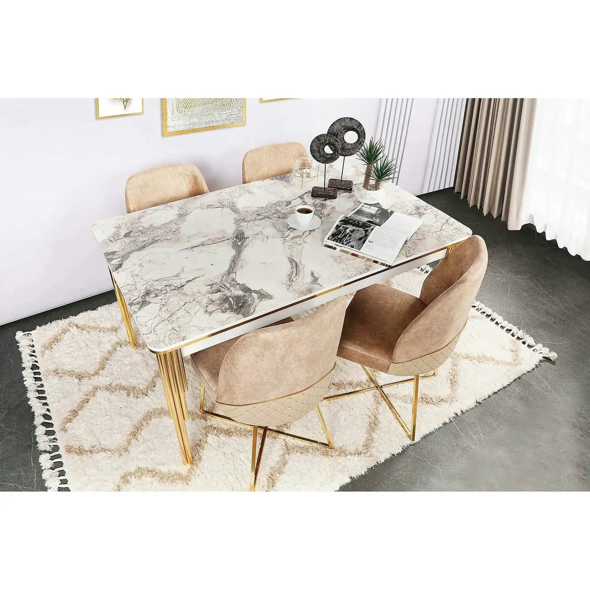 Masa extensibila DAMLA 1102, alb cu efect de marmura/auriu, PAL melaminat/metal, 144/178x90x78 cm