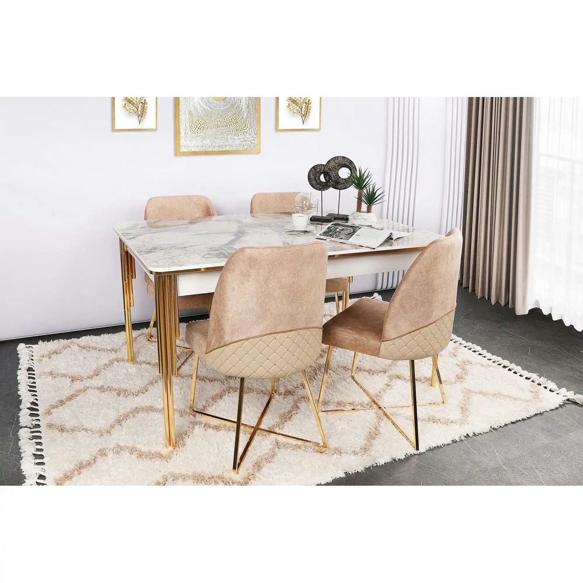 Masa extensibila DAMLA 1102, alb cu efect de marmura/auriu, PAL melaminat/metal, 144/178x90x78 cm