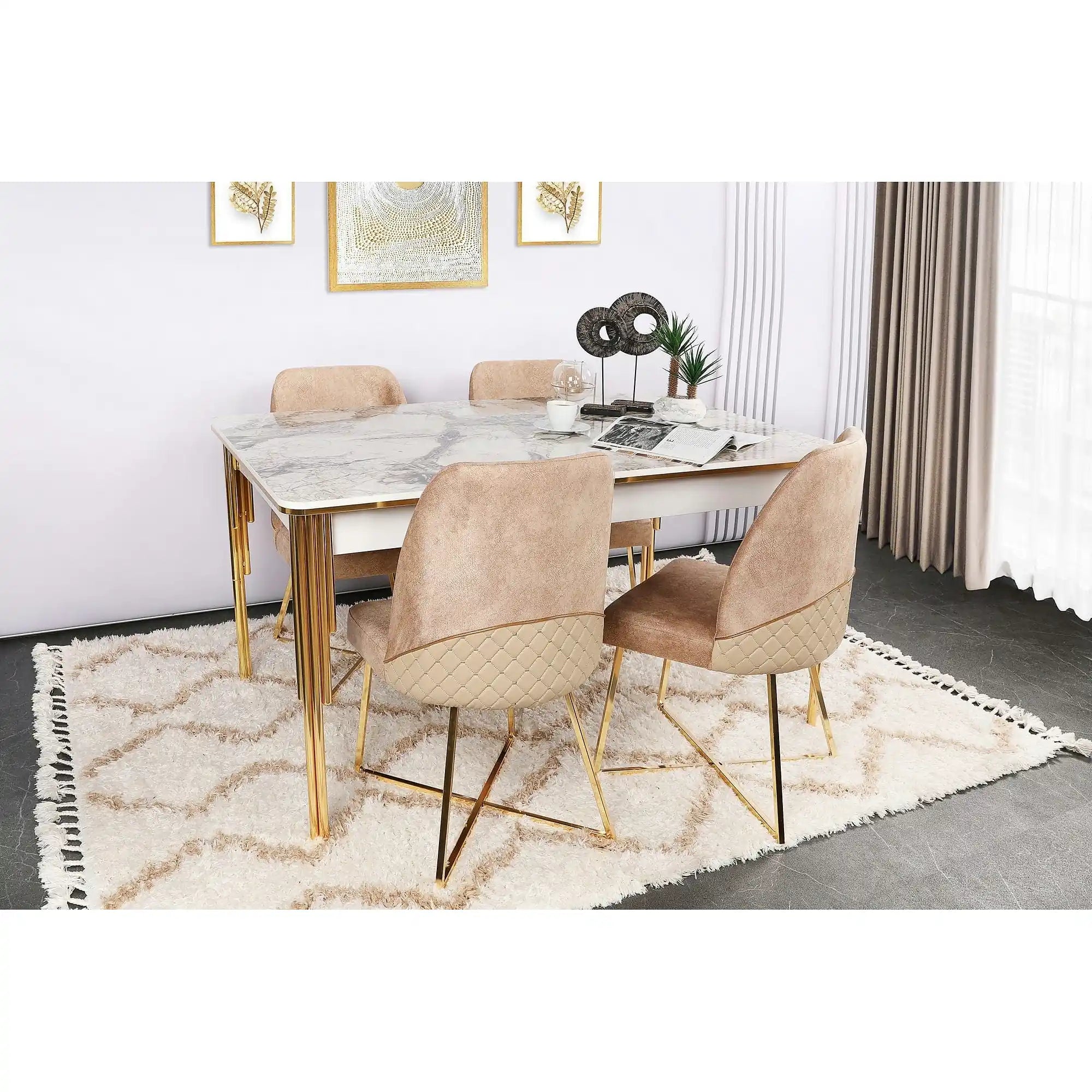 Masa extensibila DAMLA 1102, alb cu efect de marmura/auriu, PAL melaminat/metal, 144/178x90x78 cm