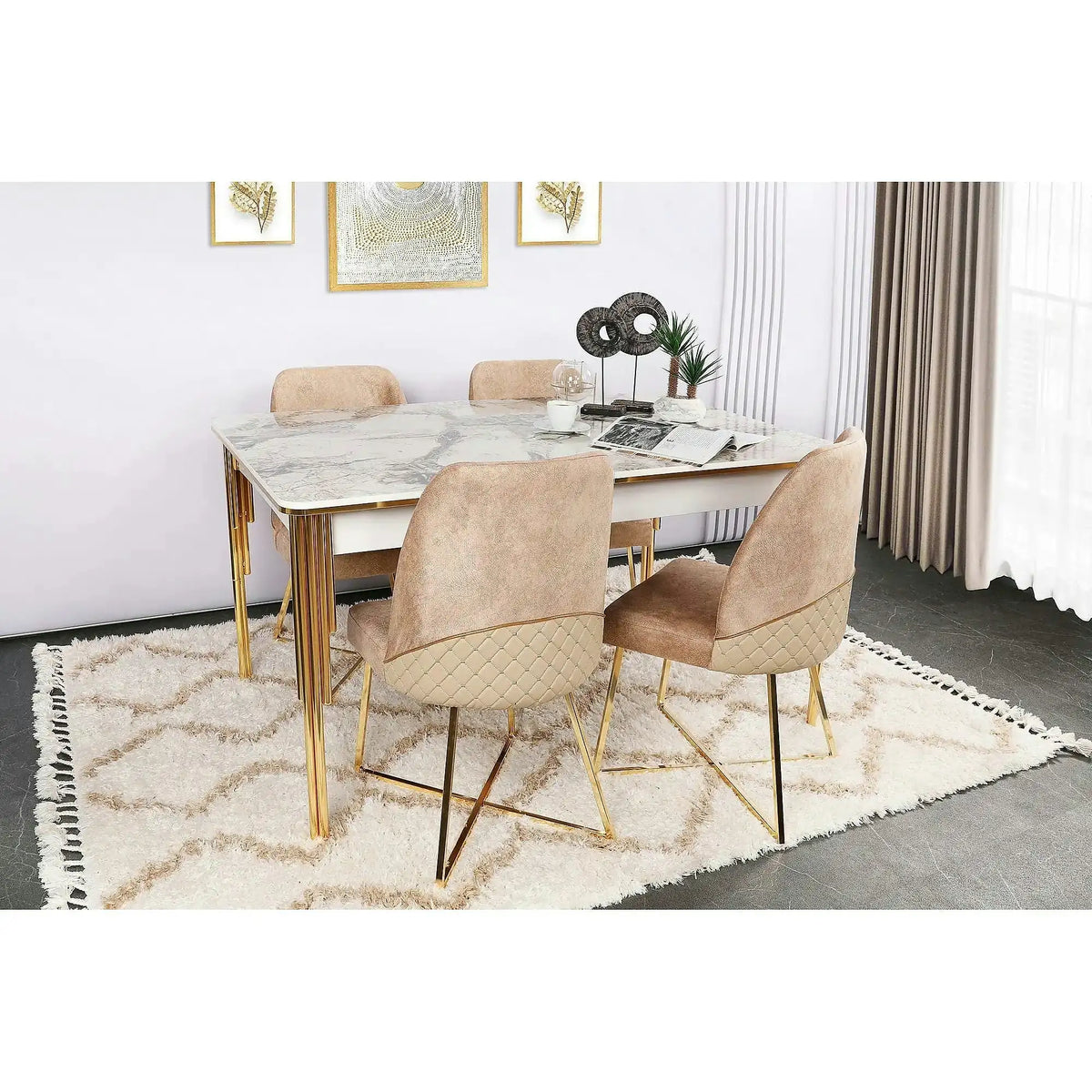 Masa extensibila DAMLA 1102, alb cu efect de marmura/auriu, PAL melaminat/metal, 144/178x90x78 cm