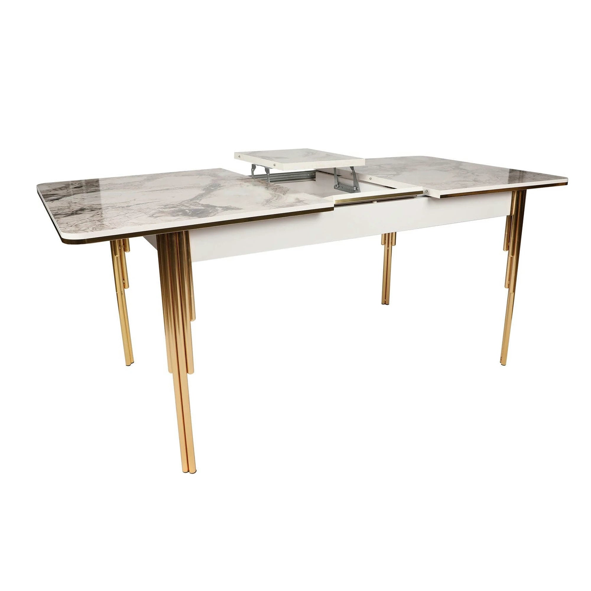 Masa extensibila DAMLA 1102, alb cu efect de marmura/auriu, PAL melaminat/metal, 144/178x90x78 cm