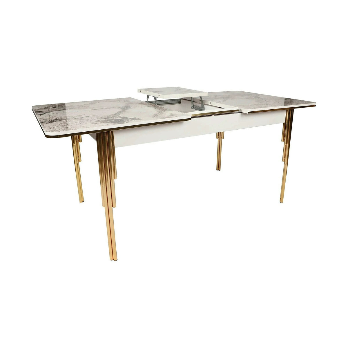Masa extensibila DAMLA 1102, alb cu efect de marmura/auriu, PAL melaminat/metal, 144/178x90x78 cm