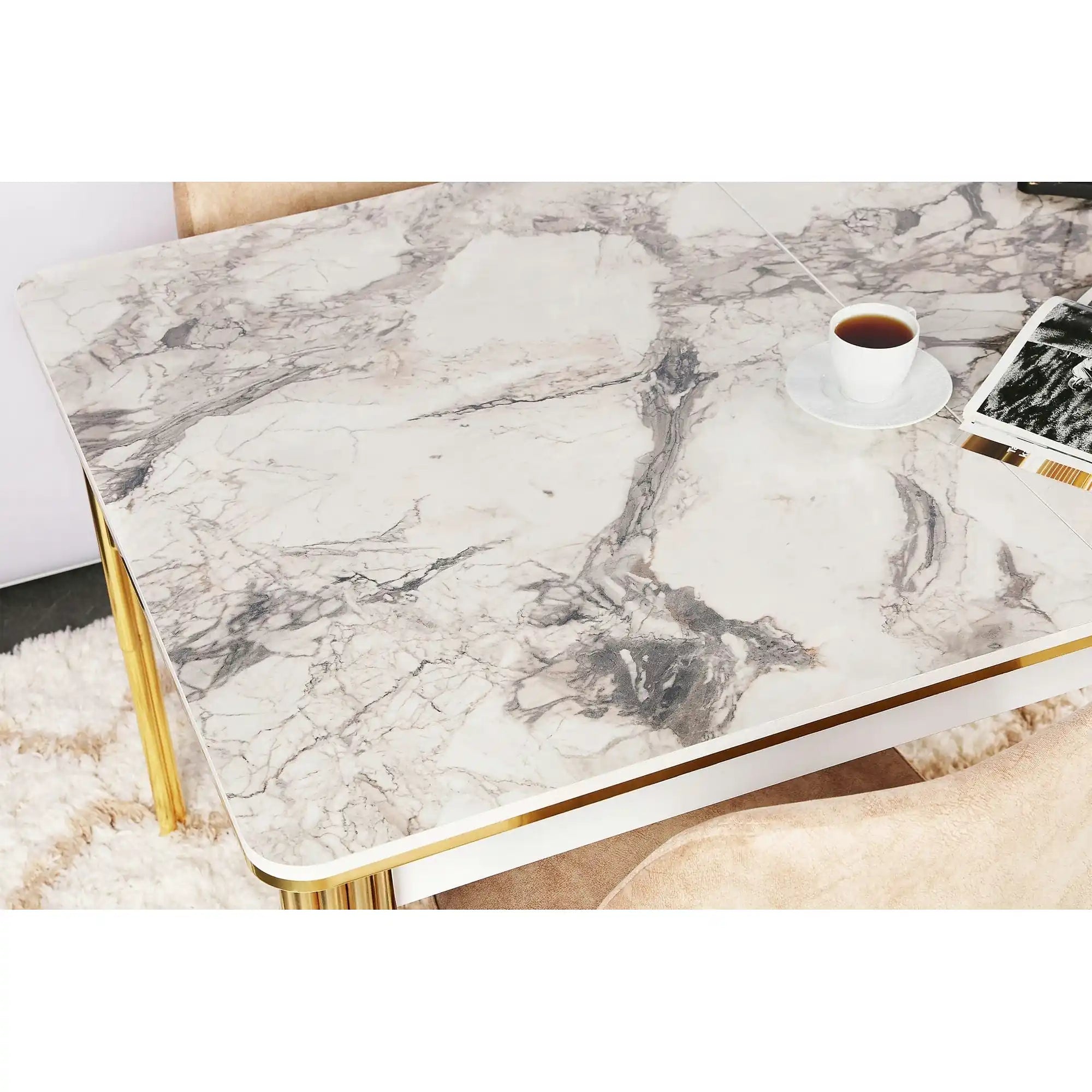 Masa extensibila DAMLA 1102, alb cu efect de marmura/auriu, PAL melaminat/metal, 144/178x90x78 cm