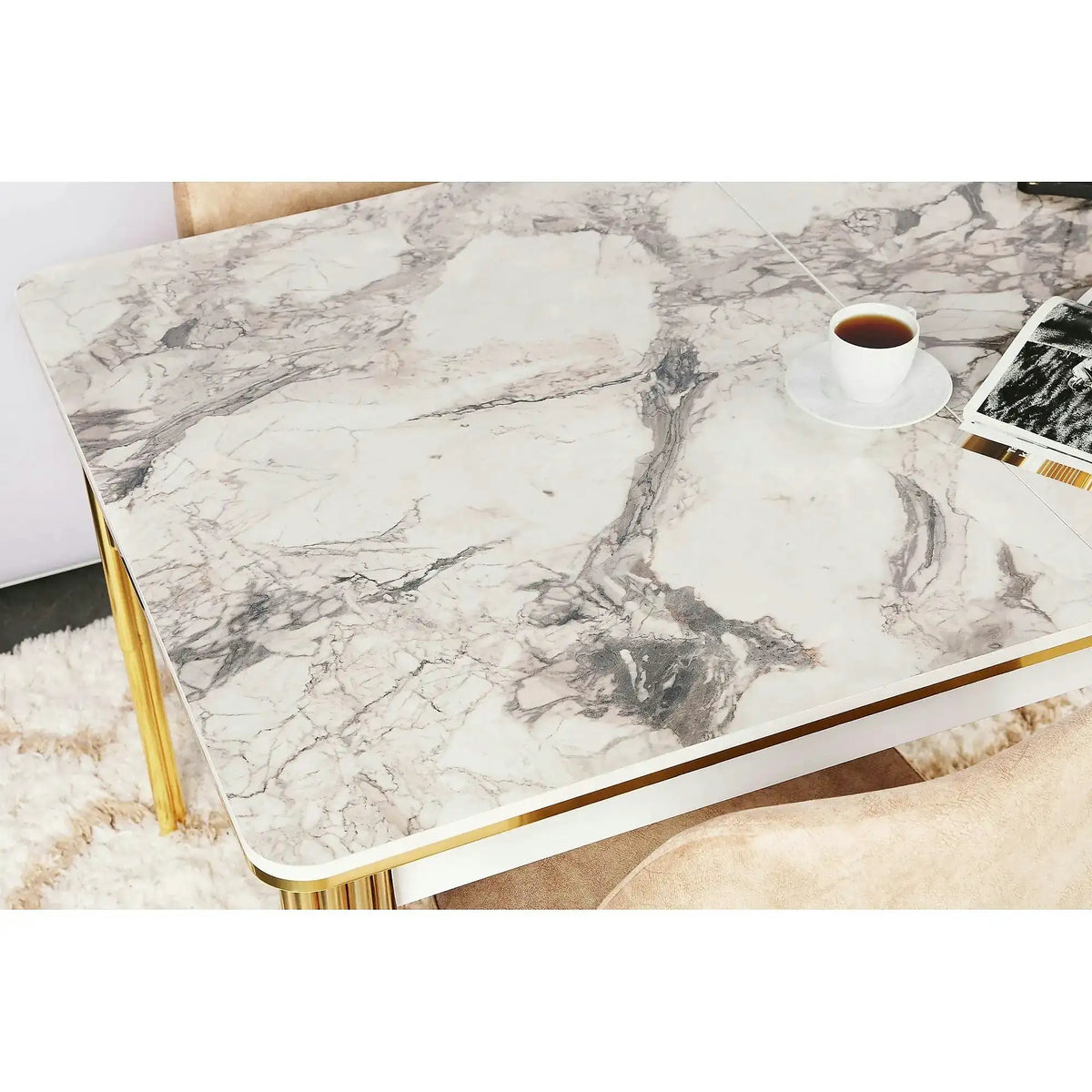 Masa extensibila DAMLA 1102, alb cu efect de marmura/auriu, PAL melaminat/metal, 144/178x90x78 cm