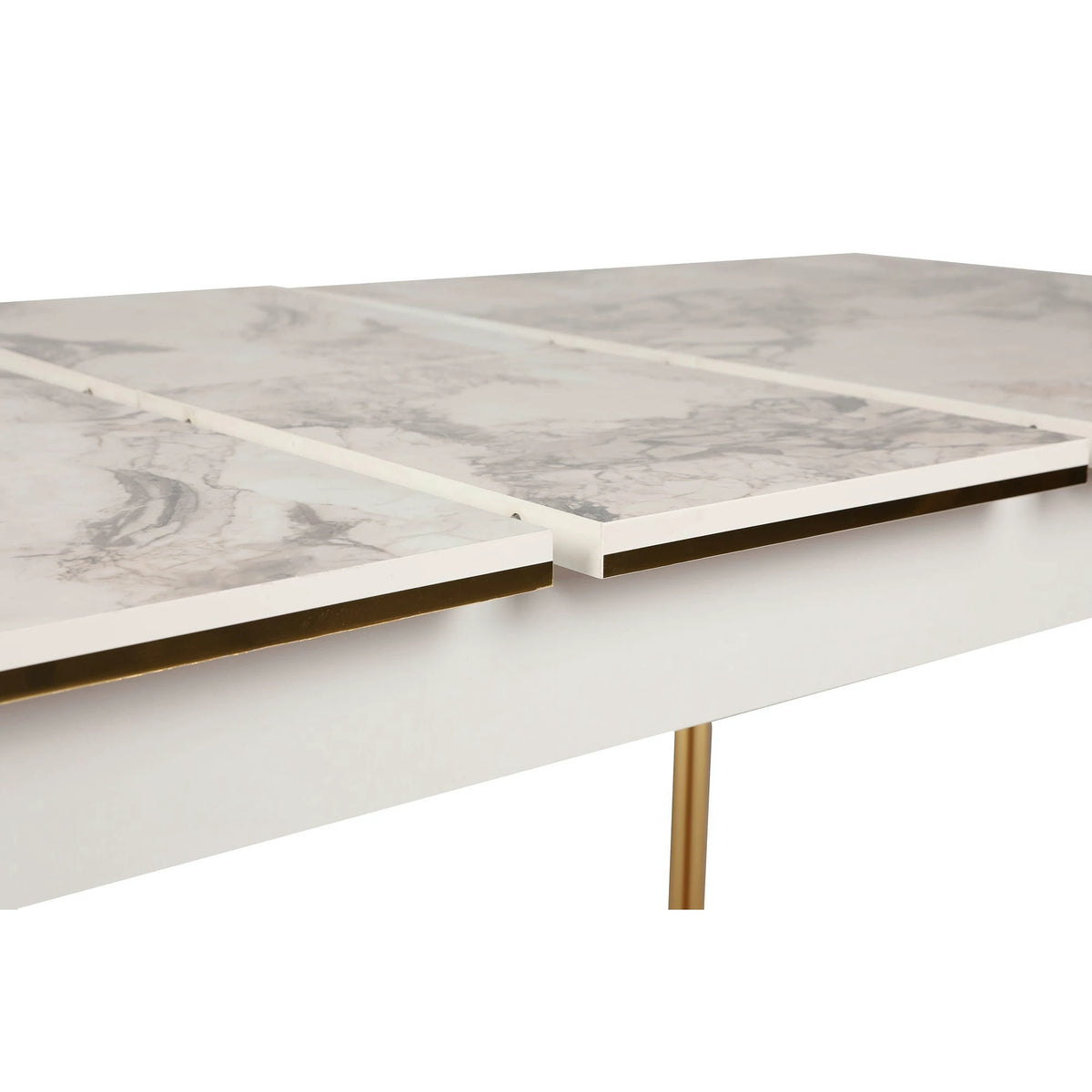 Masa extensibila DAMLA 1102, alb cu efect de marmura/auriu, PAL melaminat/metal, 144/178x90x78 cm
