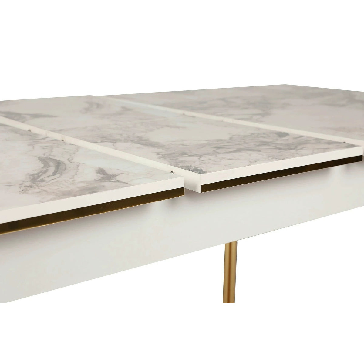 Masa extensibila DAMLA 1102, alb cu efect de marmura/auriu, PAL melaminat/metal, 144/178x90x78 cm