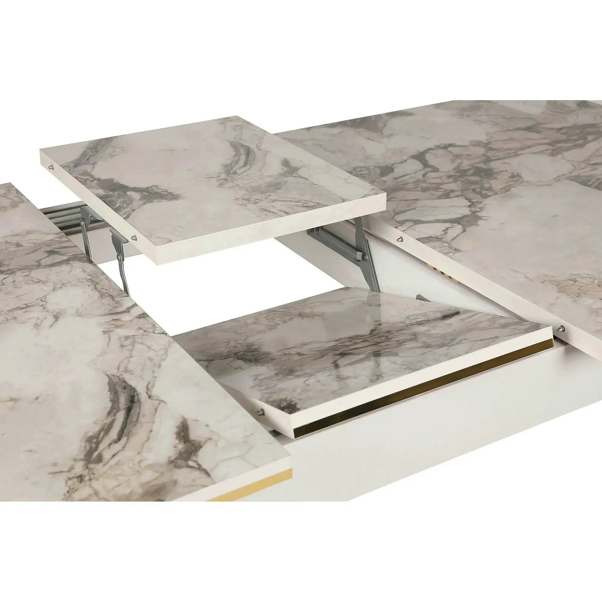 Masa extensibila DAMLA 1102, alb cu efect de marmura/auriu, PAL melaminat/metal, 144/178x90x78 cm