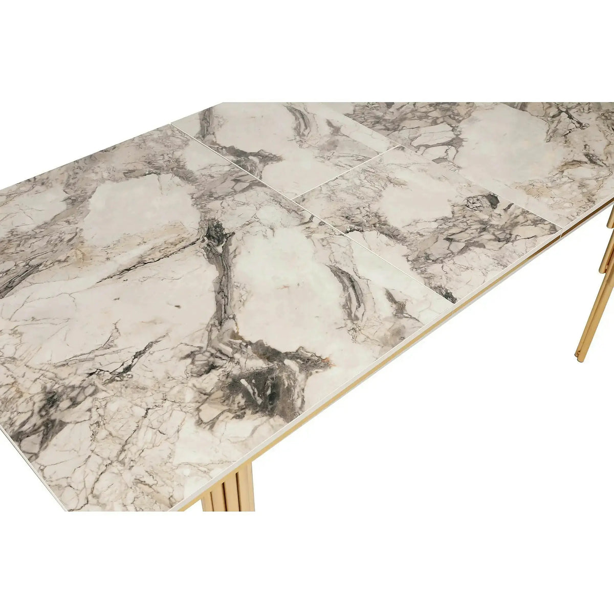 Masa extensibila DAMLA 1102, alb cu efect de marmura/auriu, PAL melaminat/metal, 144/178x90x78 cm