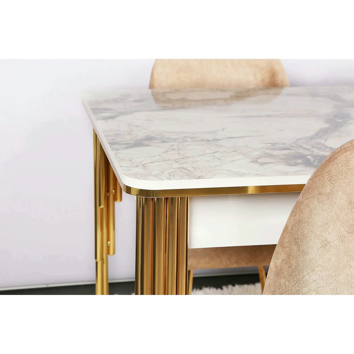Masa extensibila DAMLA 1102, alb cu efect de marmura/auriu, PAL melaminat/metal, 144/178x90x78 cm
