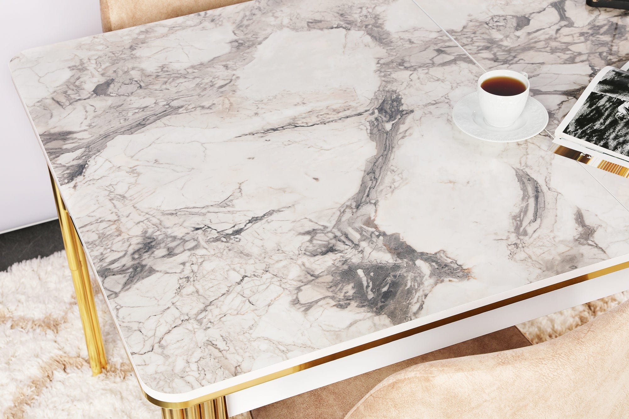 Masa extensibila DAMLA 1102, alb cu efect de marmura/auriu, PAL melaminat/metal, 144/178x90x78 cm