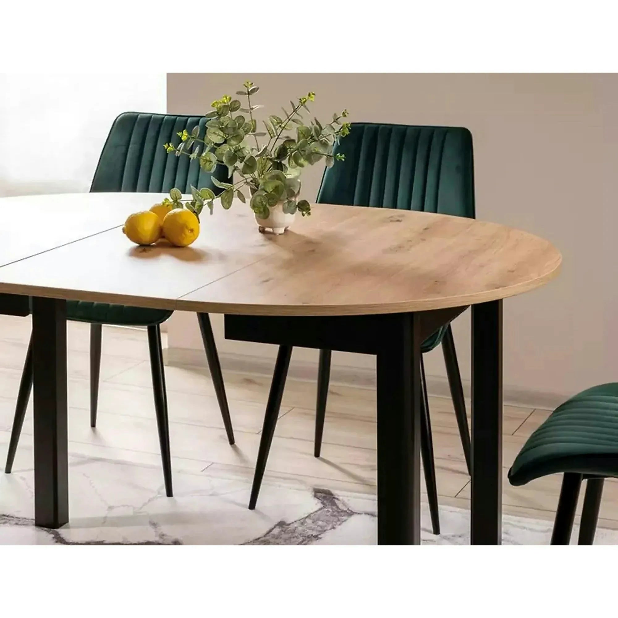 Masa extensibila DANTE, stejar artisan/negru mat, PAL laminat, 102/142x102x75 cm