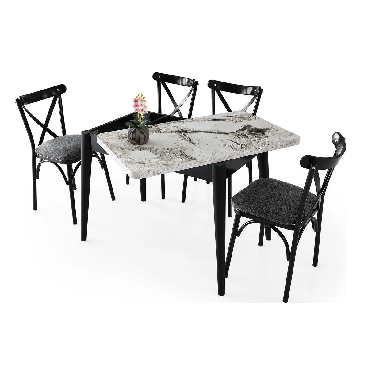 Masa extensibila DOLUNAY 1281, alb cu efect de marmura, PAL melaminat/metal, 100/120x60/100x75 cm