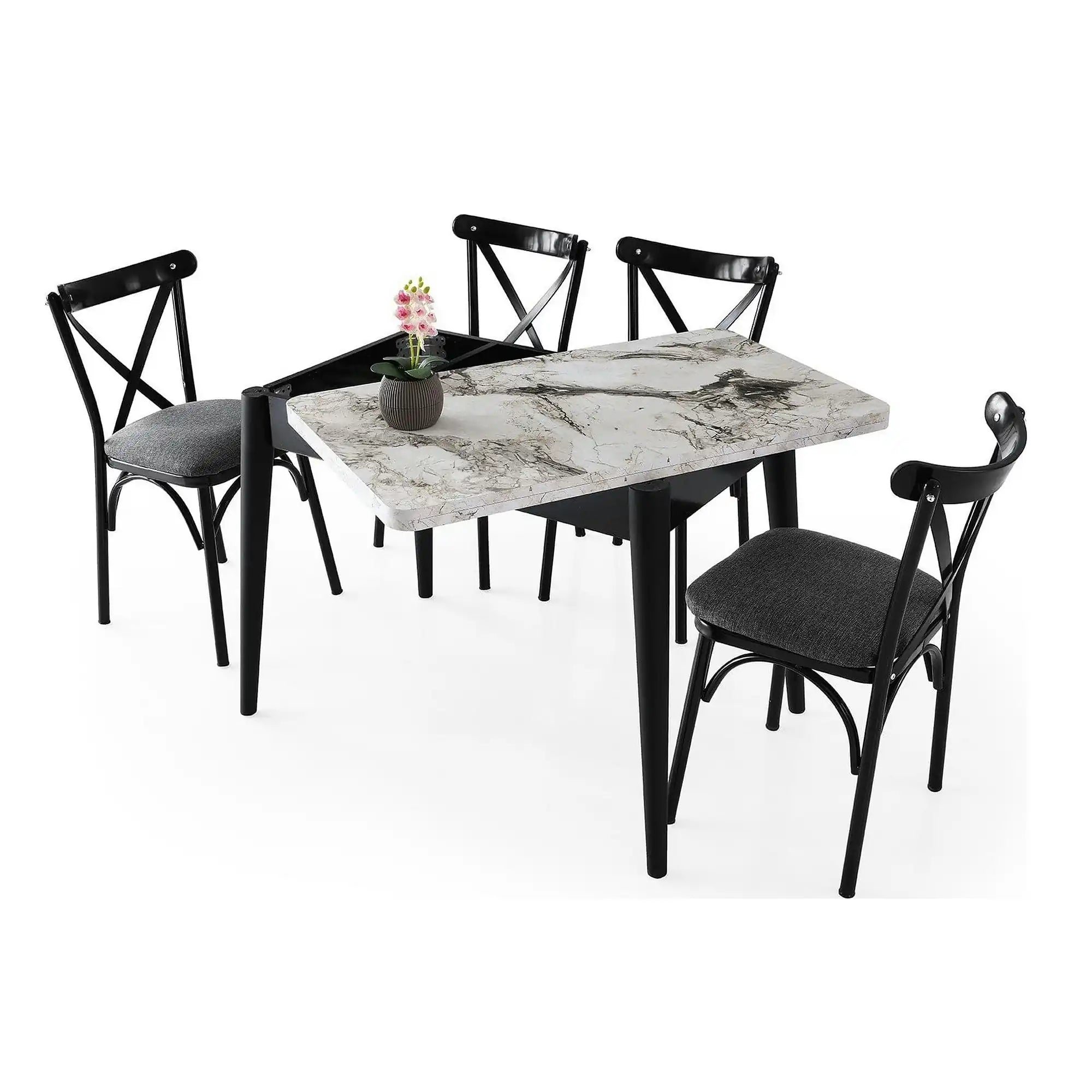 Masa extensibila DOLUNAY 1281, alb cu efect de marmura, PAL melaminat/metal, 100/120x60/100x75 cm