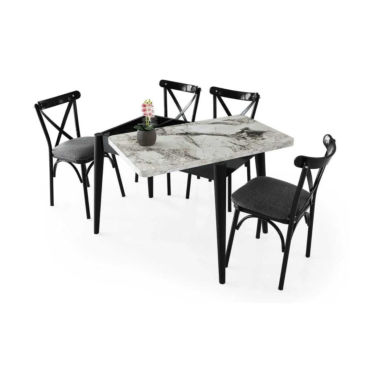 Masa extensibila DOLUNAY 1281, alb cu efect de marmura, PAL melaminat/metal, 100/120x60/100x75 cm
