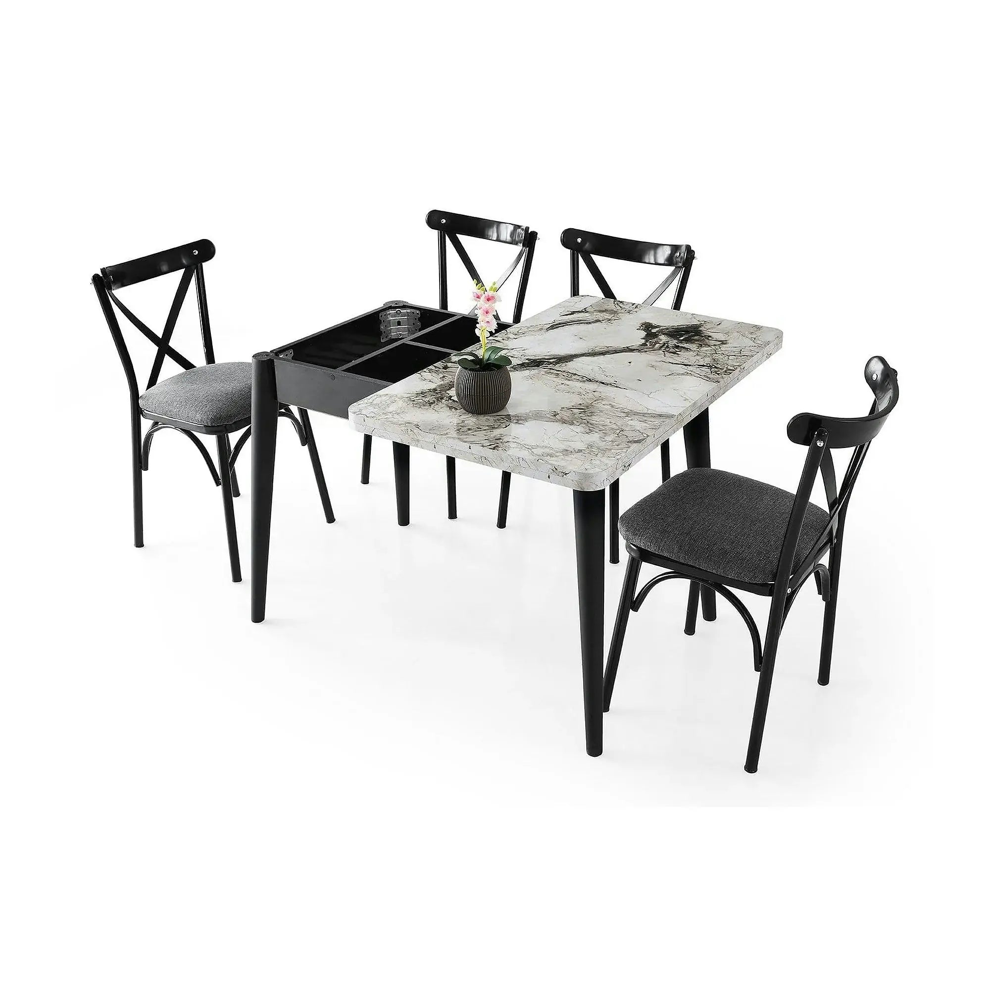 Masa extensibila DOLUNAY 1281, alb cu efect de marmura, PAL melaminat/metal, 100/120x60/100x75 cm