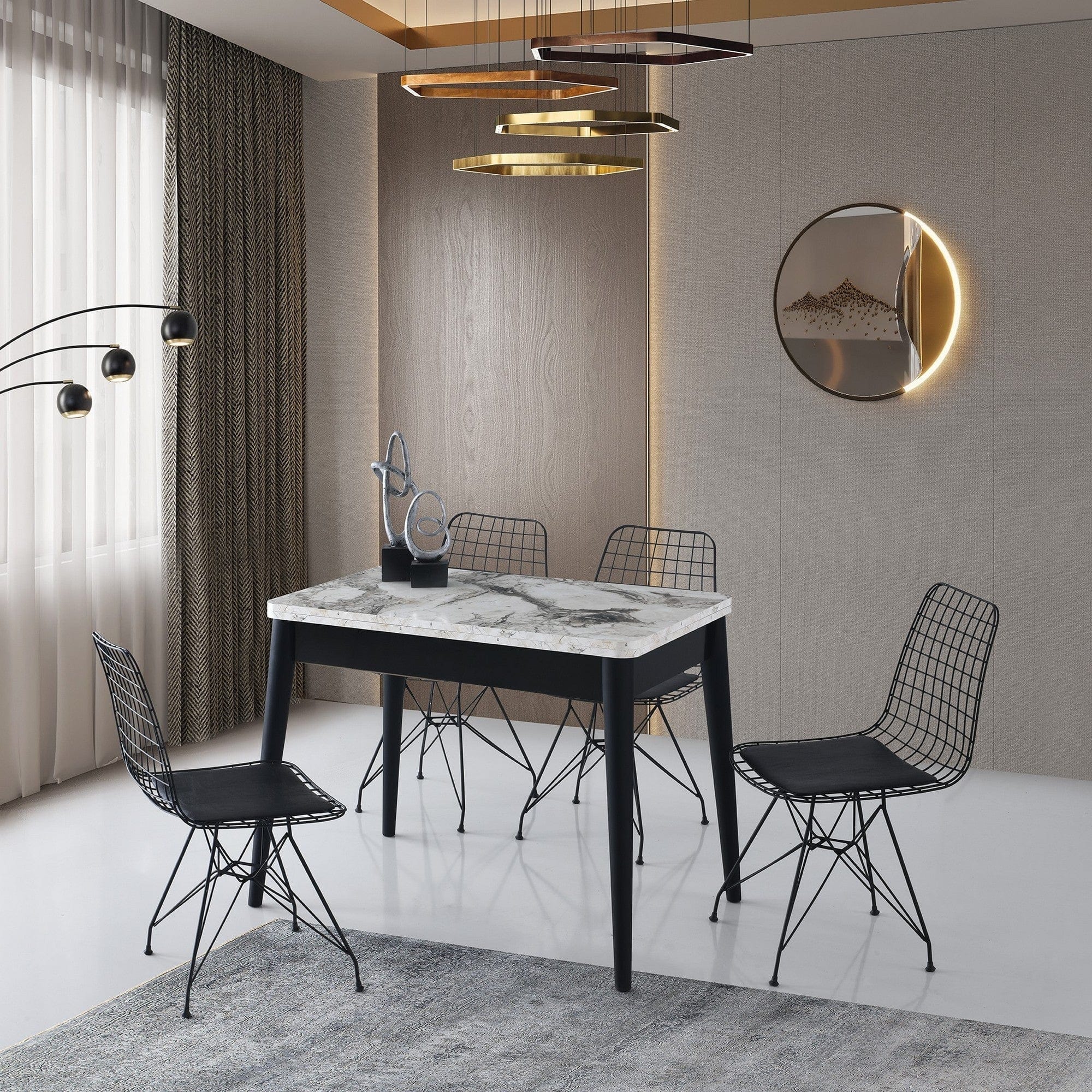 Masa extensibila DOLUNAY 1281, alb cu efect de marmura, PAL melaminat/metal, 100/120x60/100x75 cm