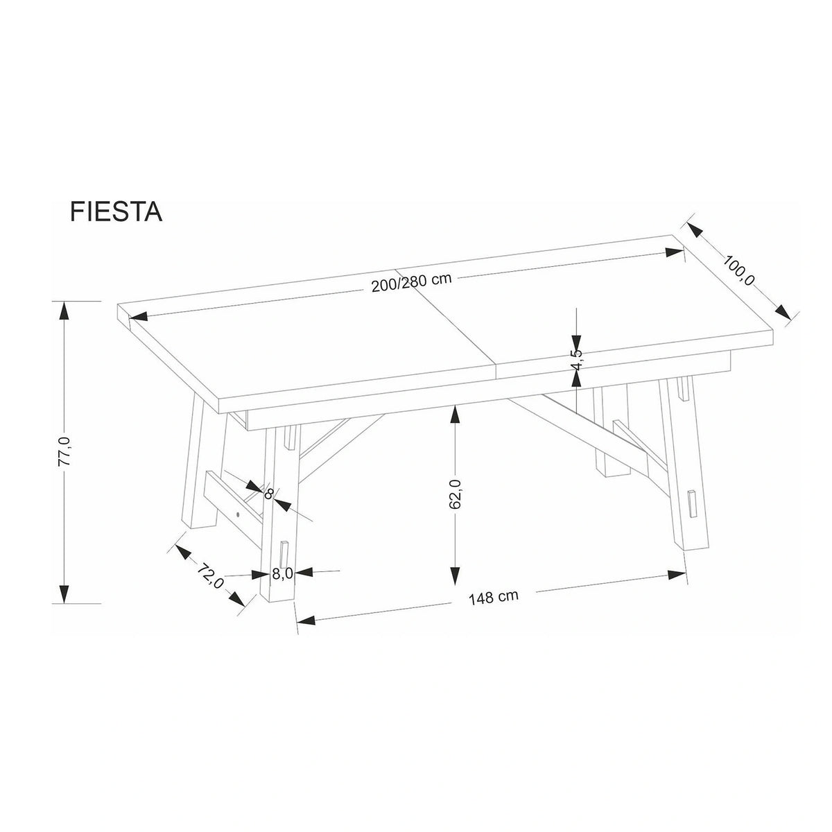 Masa extensibila FIESTA, stejar natural/negru, 200/280x100x77 cm