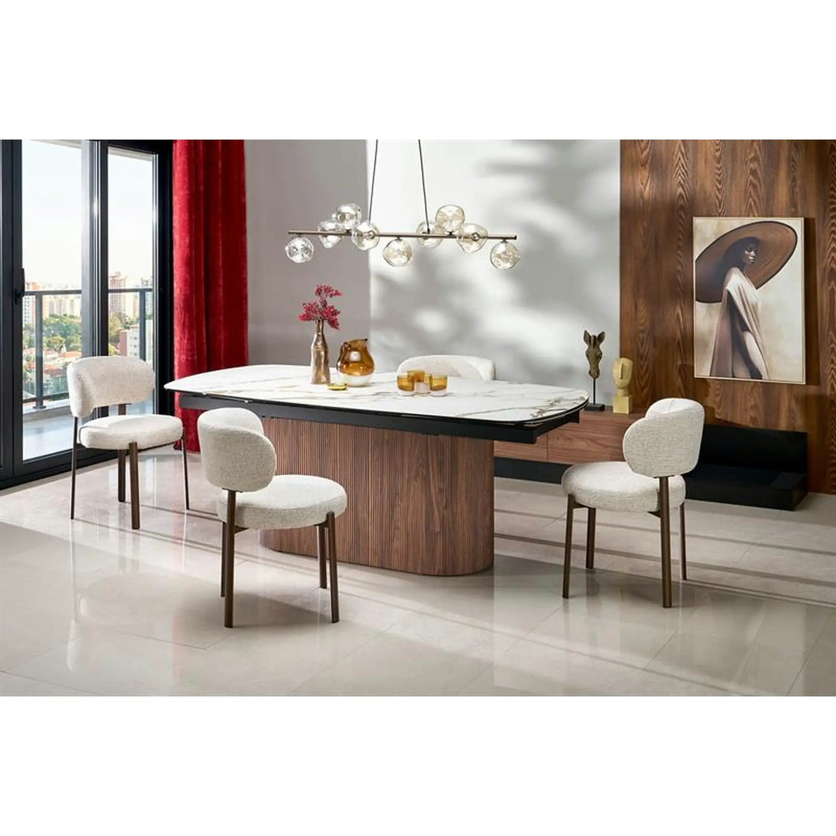 Masa extensibila FLAVOR, efect marmura alba/nuc, ceramica/sticla, 200/300x100x77 cm