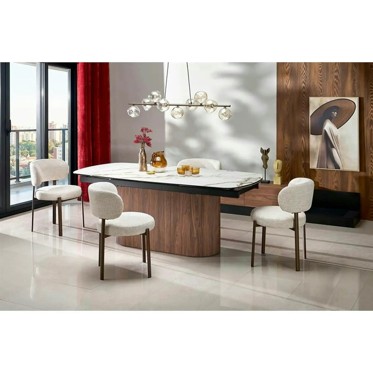 Masa extensibila FLAVOR, efect marmura alba/nuc, ceramica/sticla, 200/300x100x77 cm