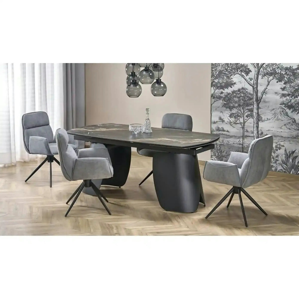Masa extensibila FORUM, negru cu efect de marmura/negru, piatra sinterizata/otel, 180/260x90x76 cm
