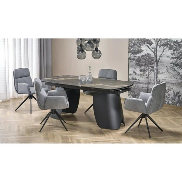 Masa extensibila FORUM, negru cu efect de marmura/negru, piatra sinterizata/otel, 180/260x90x76 cm