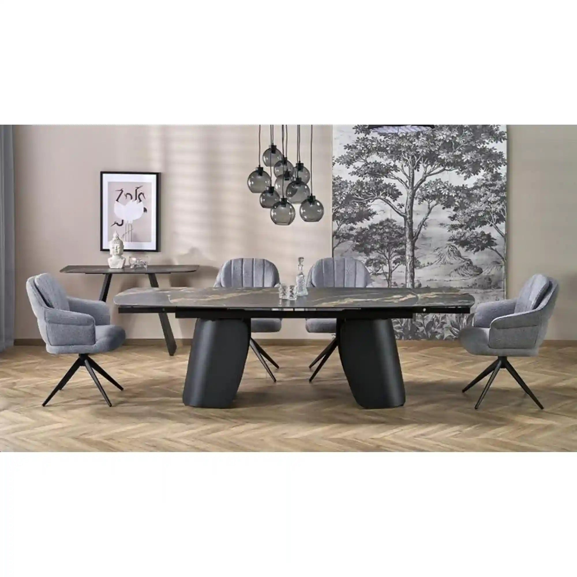 Masa extensibila FORUM, negru cu efect de marmura/negru, piatra sinterizata/otel, 180/260x90x76 cm